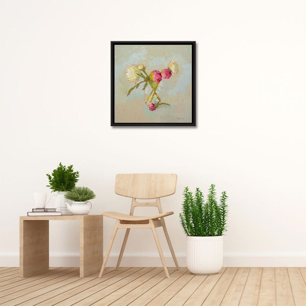 Peonies in Glass Gallery Wrapped Floater Framed Canvas Wall Art - Elegant Floral Painting for Living Room, Bedroom & Office Decor