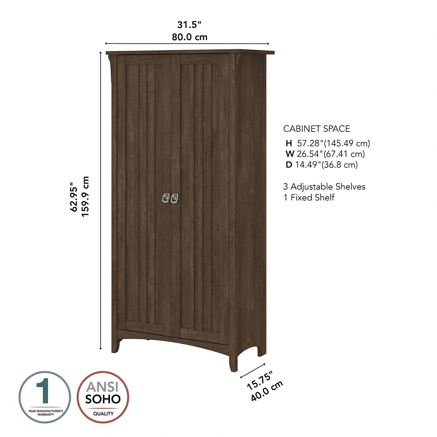 Bush Furniture Salinas Kitchen Pantry Cabinet with Doors in Ash Brown - Stylish Storage for Spices, Cookware & Small Appliances | Perfect for Kitchens, Dining Rooms & Small Spaces