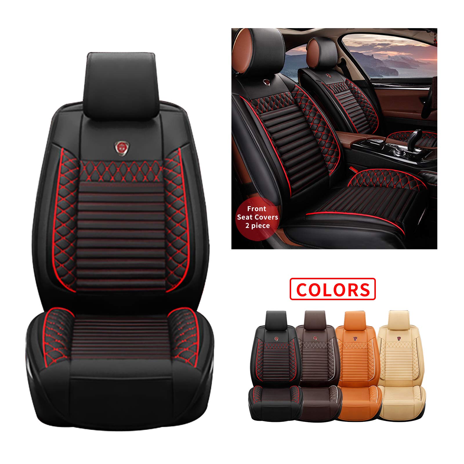 Premium Maidao Leather Car Seat Covers - Universal Front Set for Cars, SUVs & Trucks | Easy Installation | Black & Red | Perfect for Daily Commute & Road Trips