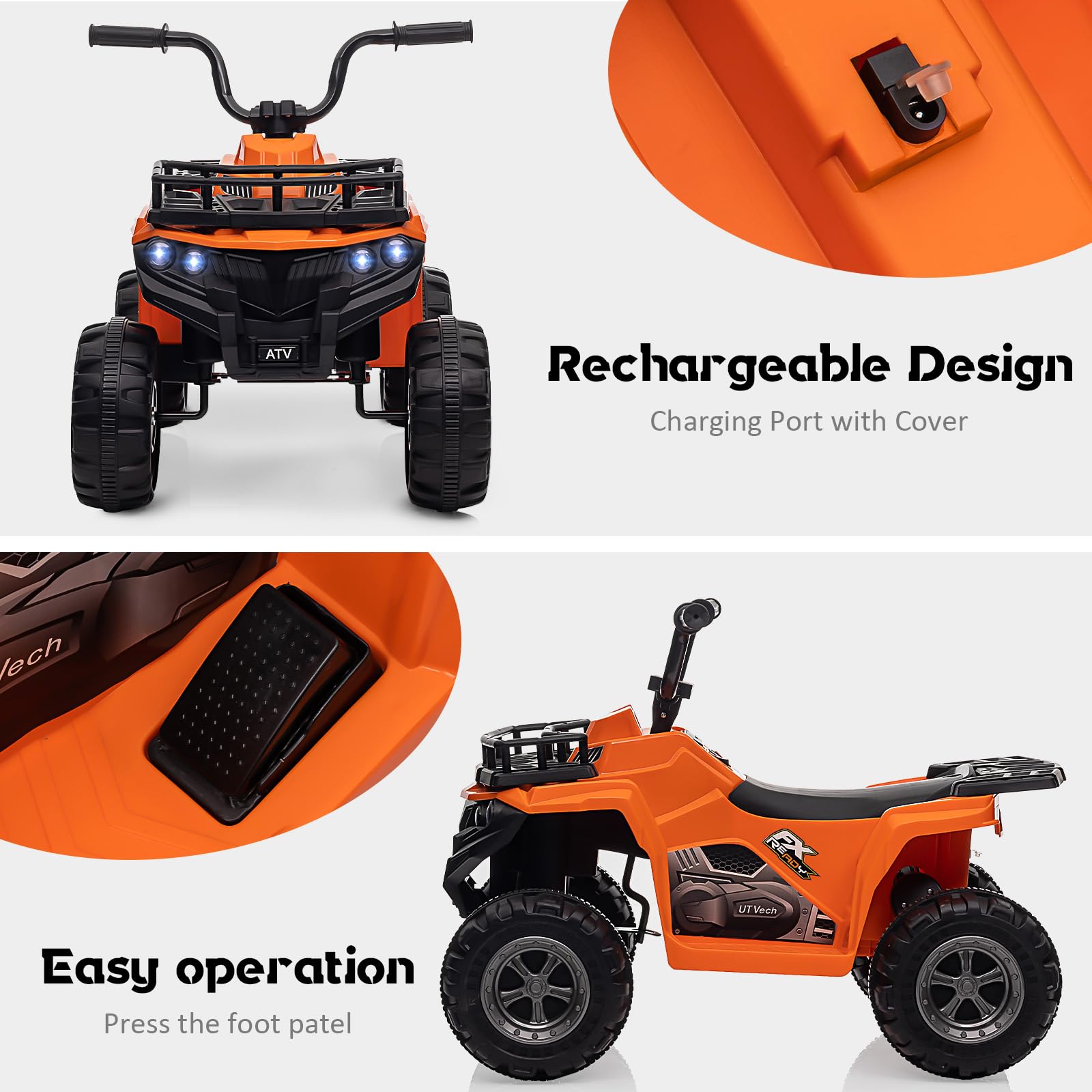 GARVEE 12V Kids Ride On Quad ATV - Non-Toxic Electric ATV with Bluetooth, LED Lights & 2 Speed Modes - All Terrain Off-Road Toy for Boys & Girls (Orange) - Perfect for Backyard, Park & Outdoor Adventures
