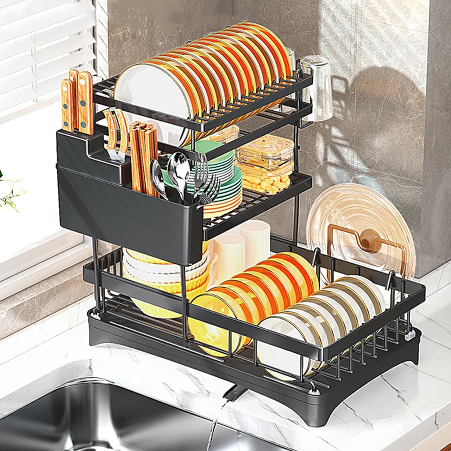 Prakal 3-Tier Carbon Steel Dish Drying Rack - Space Saving Kitchen Organizer for Plates, Bowls & Utensils | Heavy Duty Cutlery Storage | Countertop Solution for Small Kitchens & Apartments (358 Dish Rack) | Perfect for Dish Drying, Kitchen Organization & Space Optimization