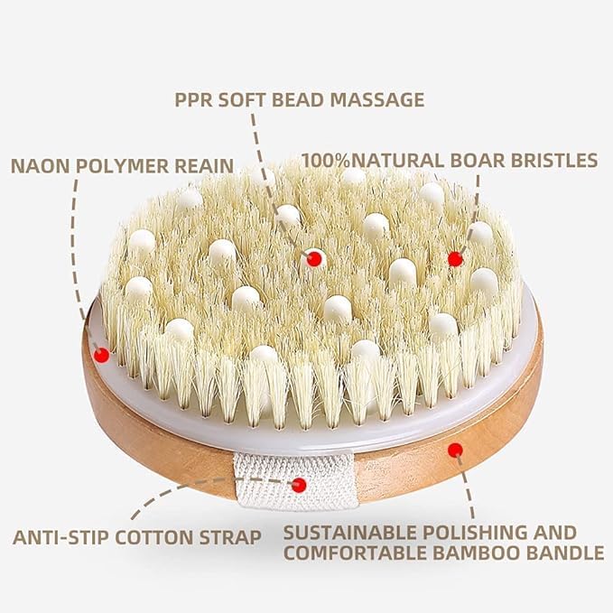 Exfoliating Body Brush with Solid Wood Frame - Round Bath Brush for Skin Softening & Improved Circulation - Prevent Ingrown Hairs - Perfect for Shower, Spa & Dry Brushing Routine