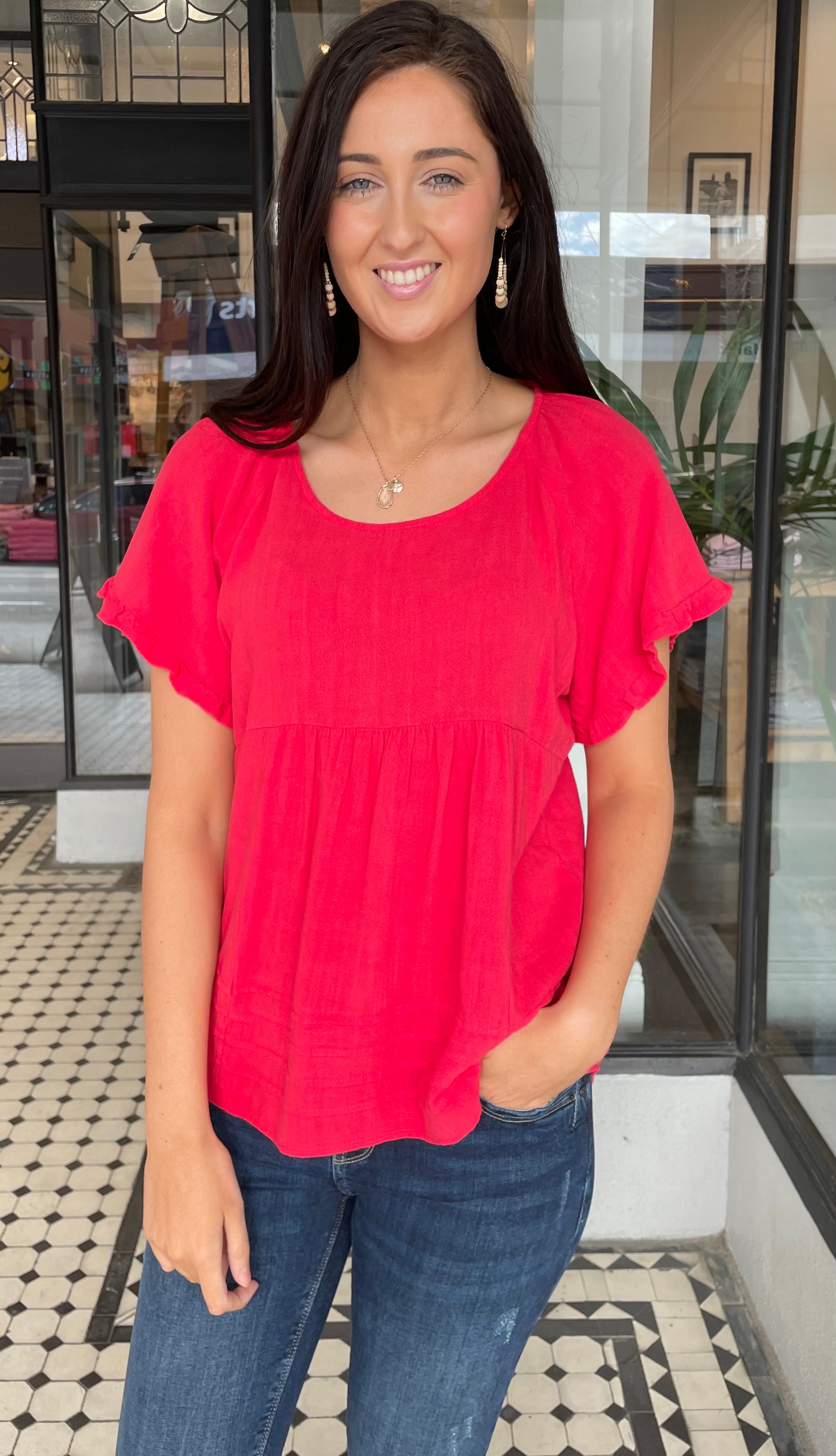 Joey Women's Ruffle Trim Sleeve Linen Blouse - Breathable Summer Top in Tomato Red for Casual Outings & Beach Vacations