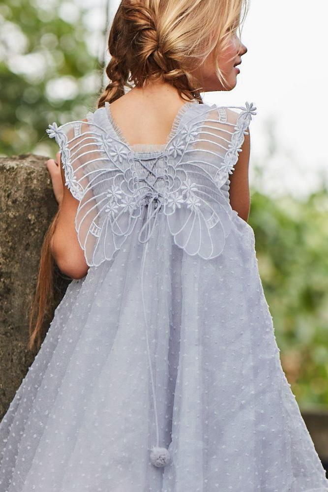 Stormi Grey Plumeti Dot Fairy Wing Dress for Girls – Elegant Party, Photo Shoot & Special Occasion Outfit