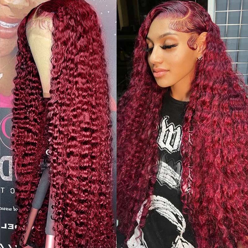 **28inch Pre-Colored Human Hair Curly Wig - Burgundy/Brown/Highlight 13x4 Lace Frontal Wig | Natural Look & Heat Resistant | Perfect for Cosplay, Parties & Daily Wear**