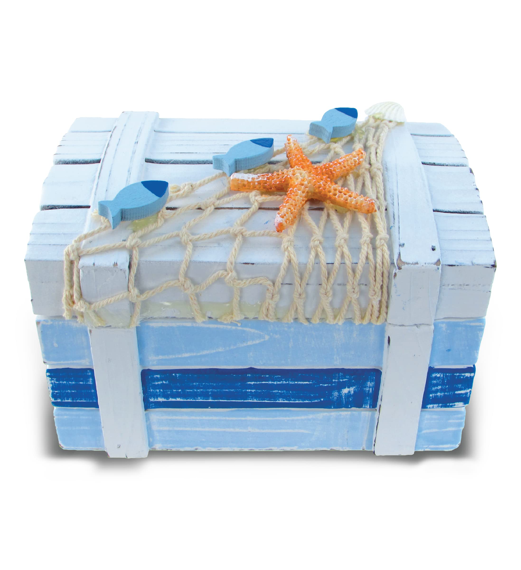 Handcrafted Nautical Wooden Jewelry Box with Light Blue Stripes, Starfish & Fishing Net Decor - 6 Inch Jewelry Storage Organizer & Tabletop Decor for Beach House, Bedroom, or Gift Giving