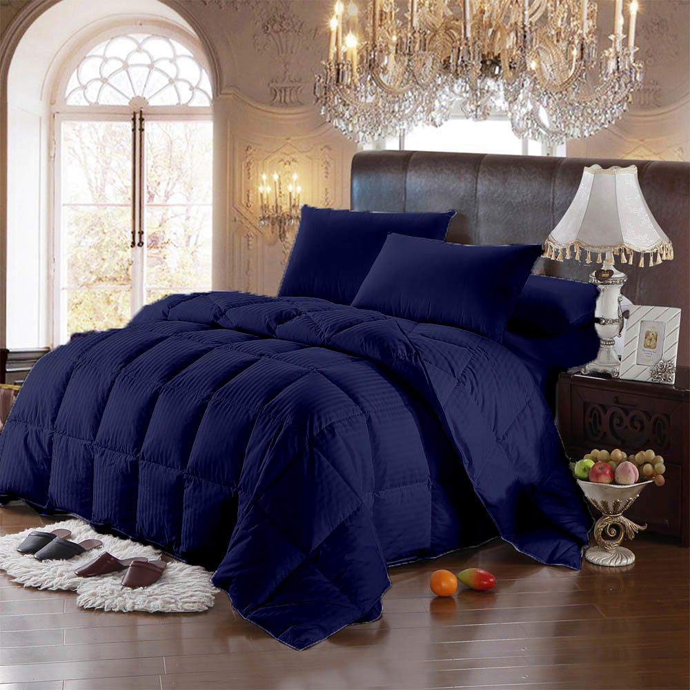 Premium 100% Cotton 500 GSM Oversized King Size Comforter Set with Striped Design - Includes 1 Fluffy Winter Comforter & 2 Pillowcases (Navy Blue) | Ultra Soft, Warm Bedding for Cozy Nights | Perfect for Master Bedrooms, Guest Rooms & Cold Weather Comfort
