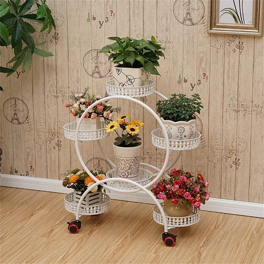 Vintage Wrought Iron 6-Tier Flower Stand with Brake Wheels - Indoor/Outdoor Plant Shelf for Living Room, Balcony & Garden Decor | Black Metal Flower Pot Holder for Stylish Home & Patio