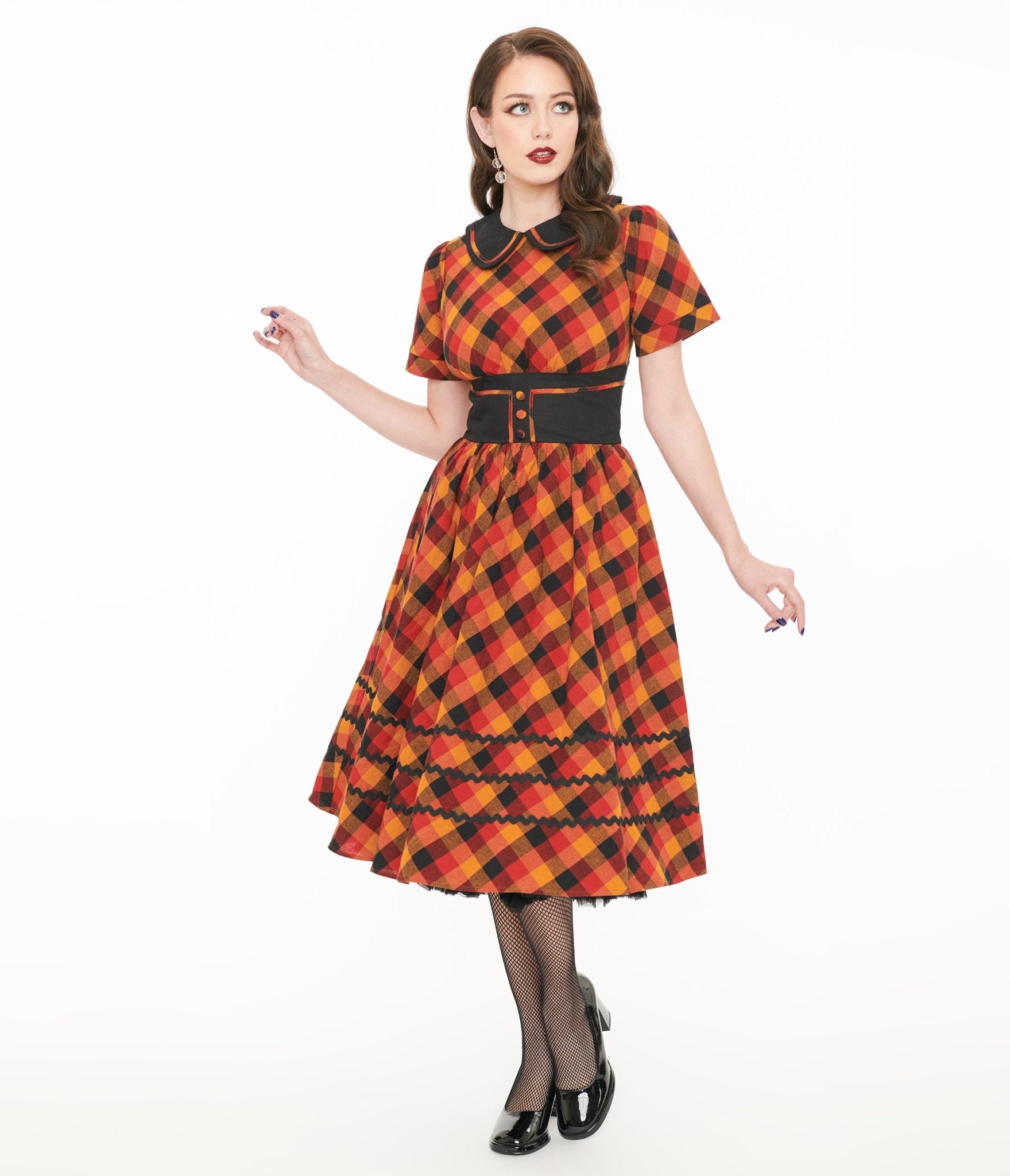 Vintage 1950s Orange & Red Plaid Swing Dress with Peter Pan Collar | Retro 50s Style Party Dress for Women | Perfect for Cocktail Parties, Holiday Events & Vintage Fashion Lovers