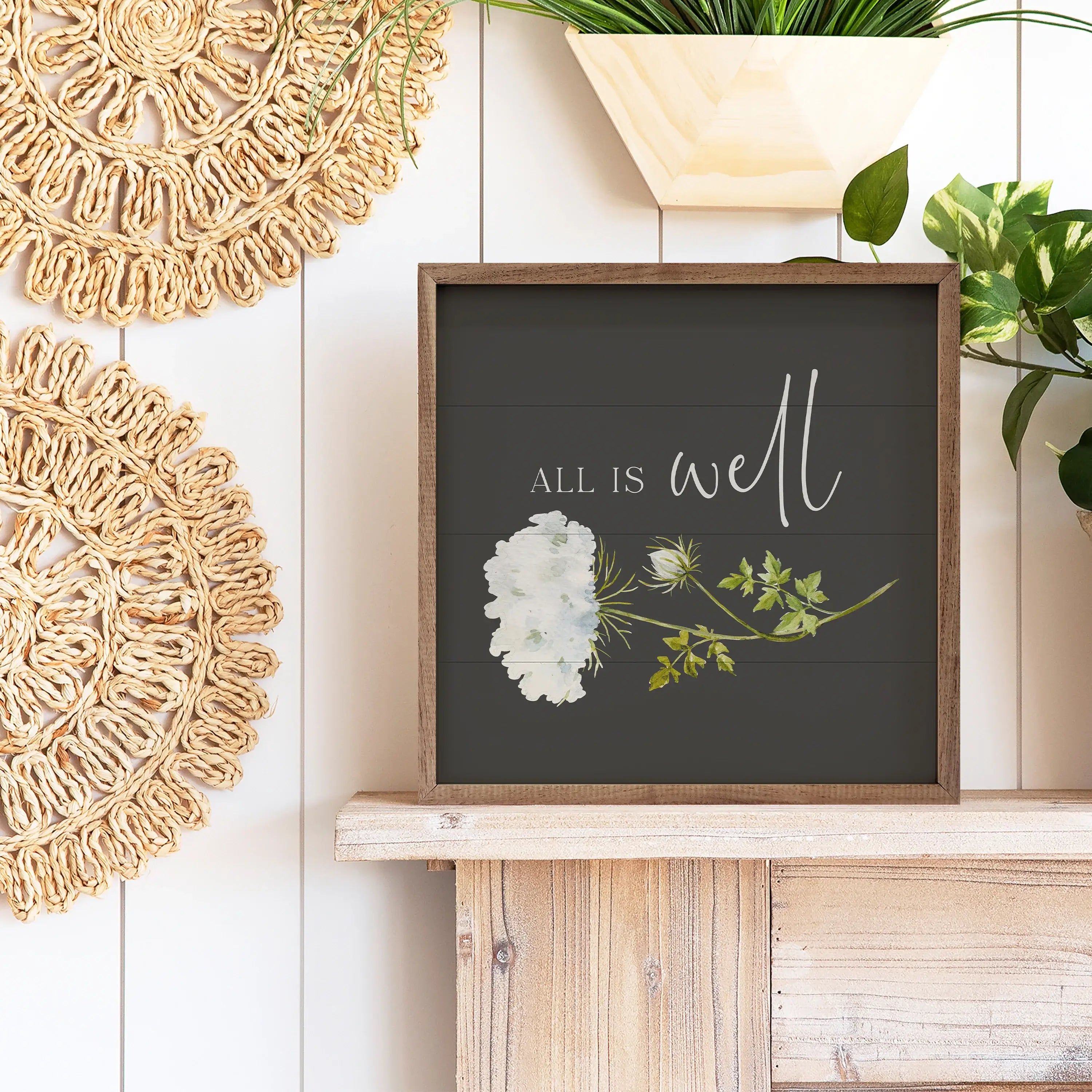 All Is Well Flower Wood Framed Print - Inspirational Wall Art Decor for Home, Office & Gift Giving - Perfect for Living Room, Bedroom & Workspace