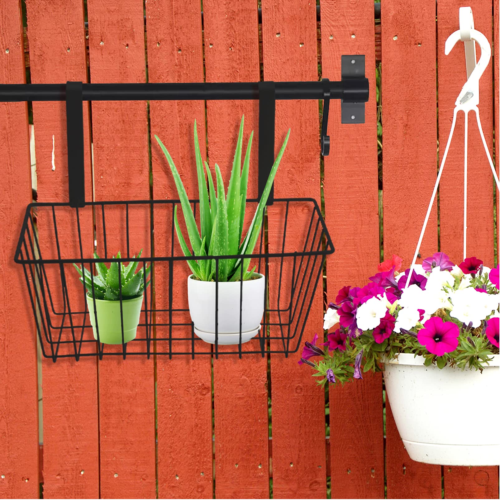 PRETYZOOM Metal Wall Hanging Planter Baskets - Decorative Flower Pot Holder for Succulents, Herbs & Small Plants - Sturdy Railing Grid Panel with Wire Basket - Perfect for Balcony, Garden & Indoor Vertical Gardening