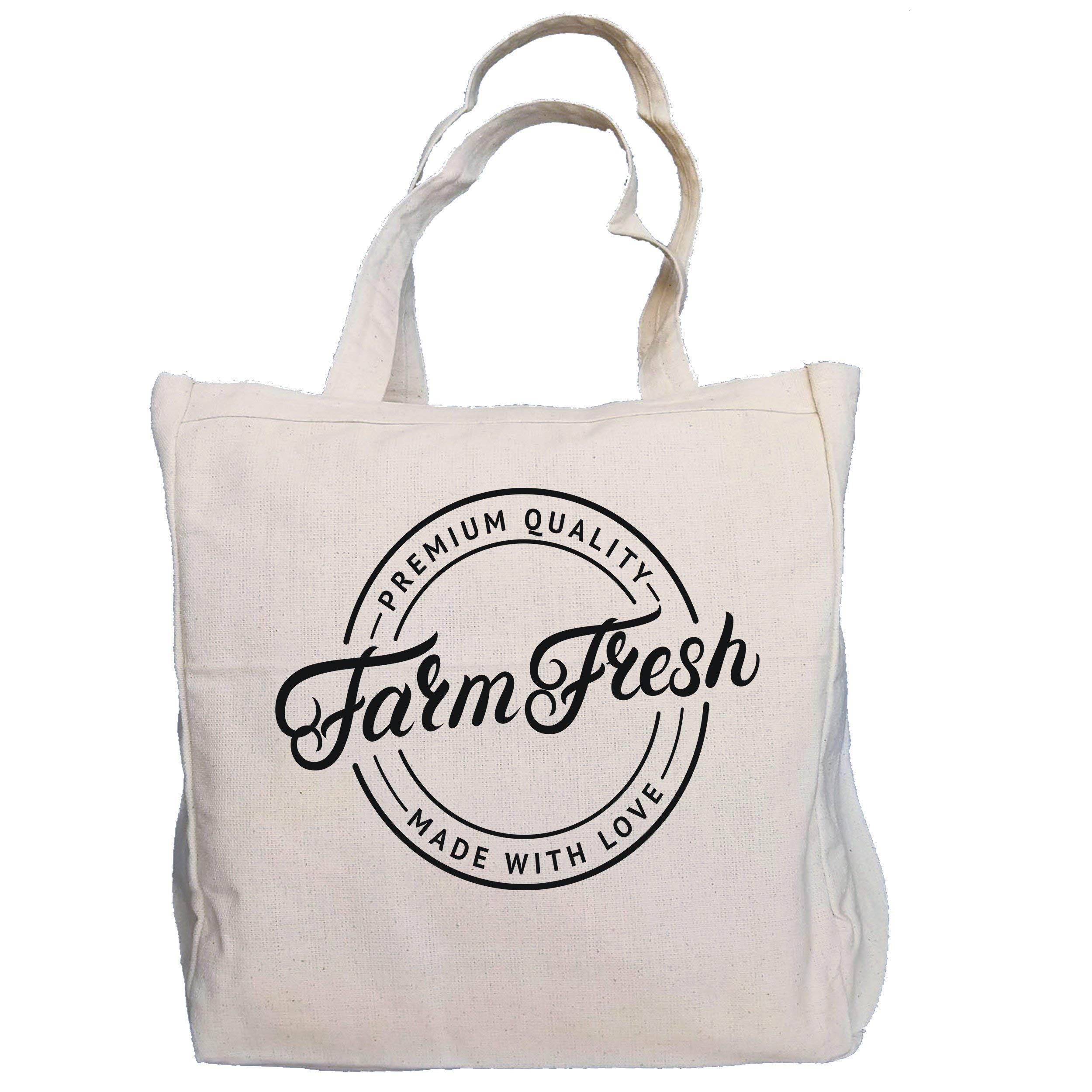 Farm Fresh Heavy Duty Reusable Shopping Tote Bag - 10oz Natural Canvas Cotton - Eco-Friendly Grocery Bag for Farmers Market, Groceries & Daily Use