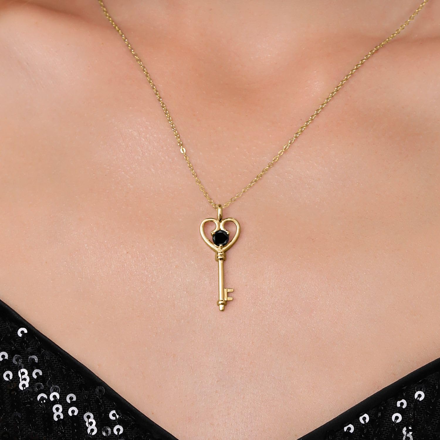 0.55 Ct Round Black Diamond 18K Yellow Gold Plated Silver Key Pendant Necklace for Women - Elegant Jewelry Gift for Birthday, Anniversary & Special Occasions