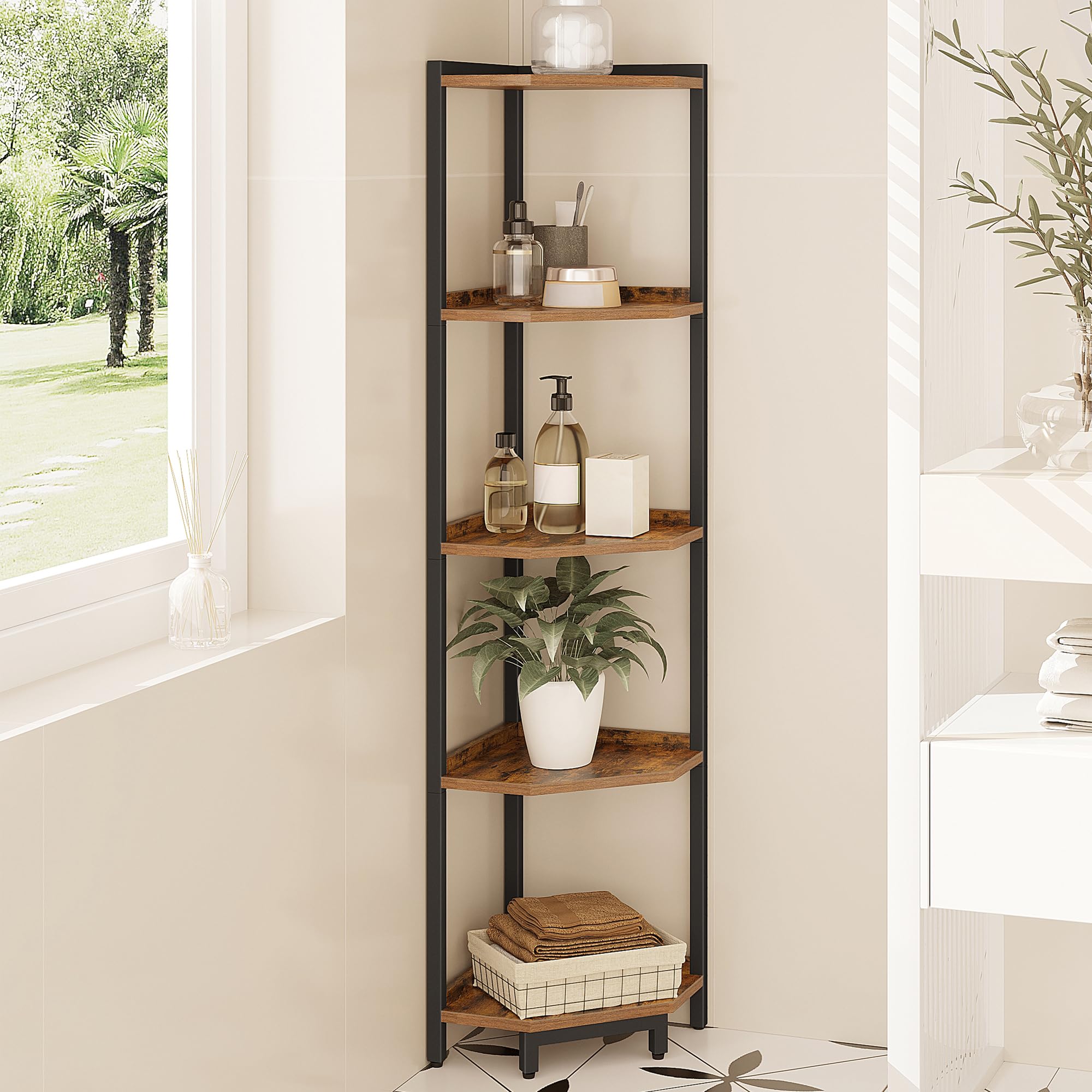 5-Tier Rustic Brown Corner Shelf Stand - Metal Frame Storage Bookshelf for Living Room, Home Office & Bedroom | Ideal for Plants, Books & Home Decor Organization