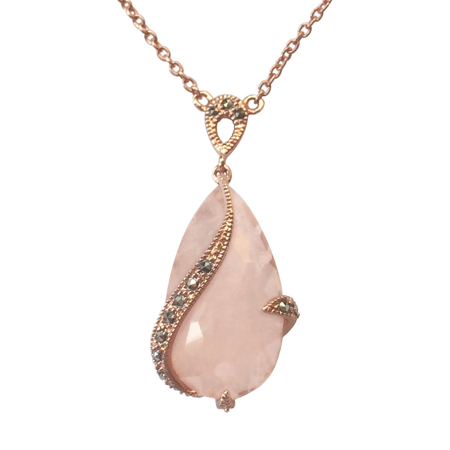 18K Rose Gold Plated Sterling Silver 10 Carat Pear Cut Ice Rose Quartz Pendant with Marcasite - 18