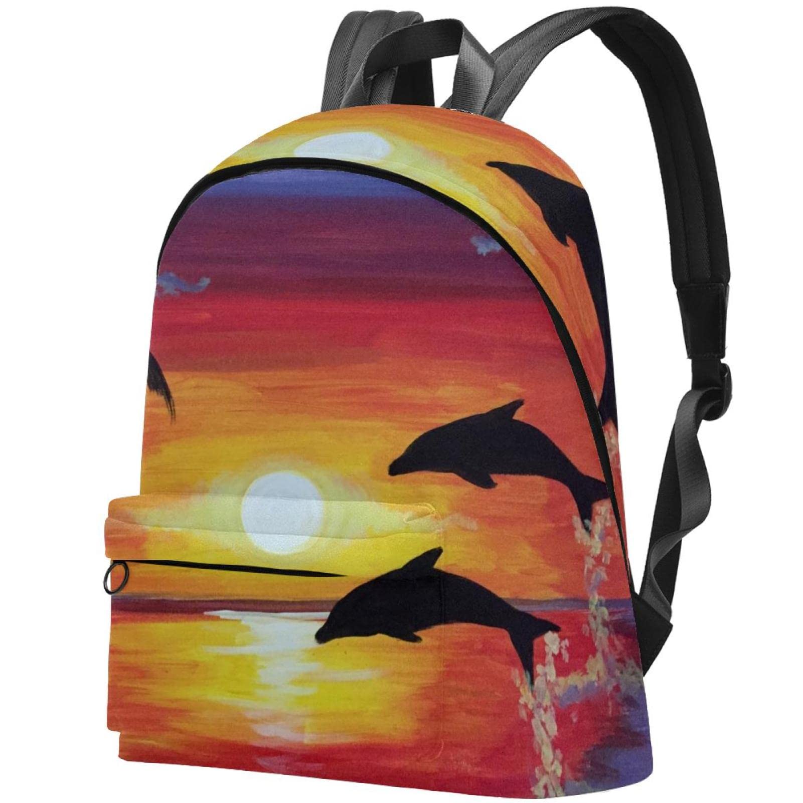 Durable Canvas Backpack for College & Travel - Waterproof Laptop Backpack with Sunset Dolphin Print for Women & Men - Perfect for School, Work, Commuting & Outdoor Adventures