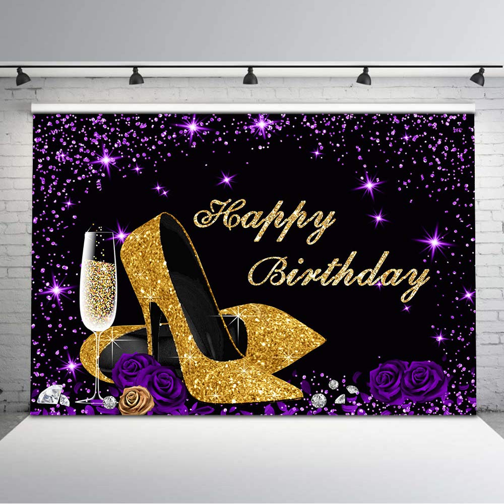 8x6ft Purple & Gold Birthday Backdrop with Rose Flowers, Champagne Heels & Glitter Dots - Elegant Women's Party Decor for Birthday Celebrations, Baby Showers & Special Events