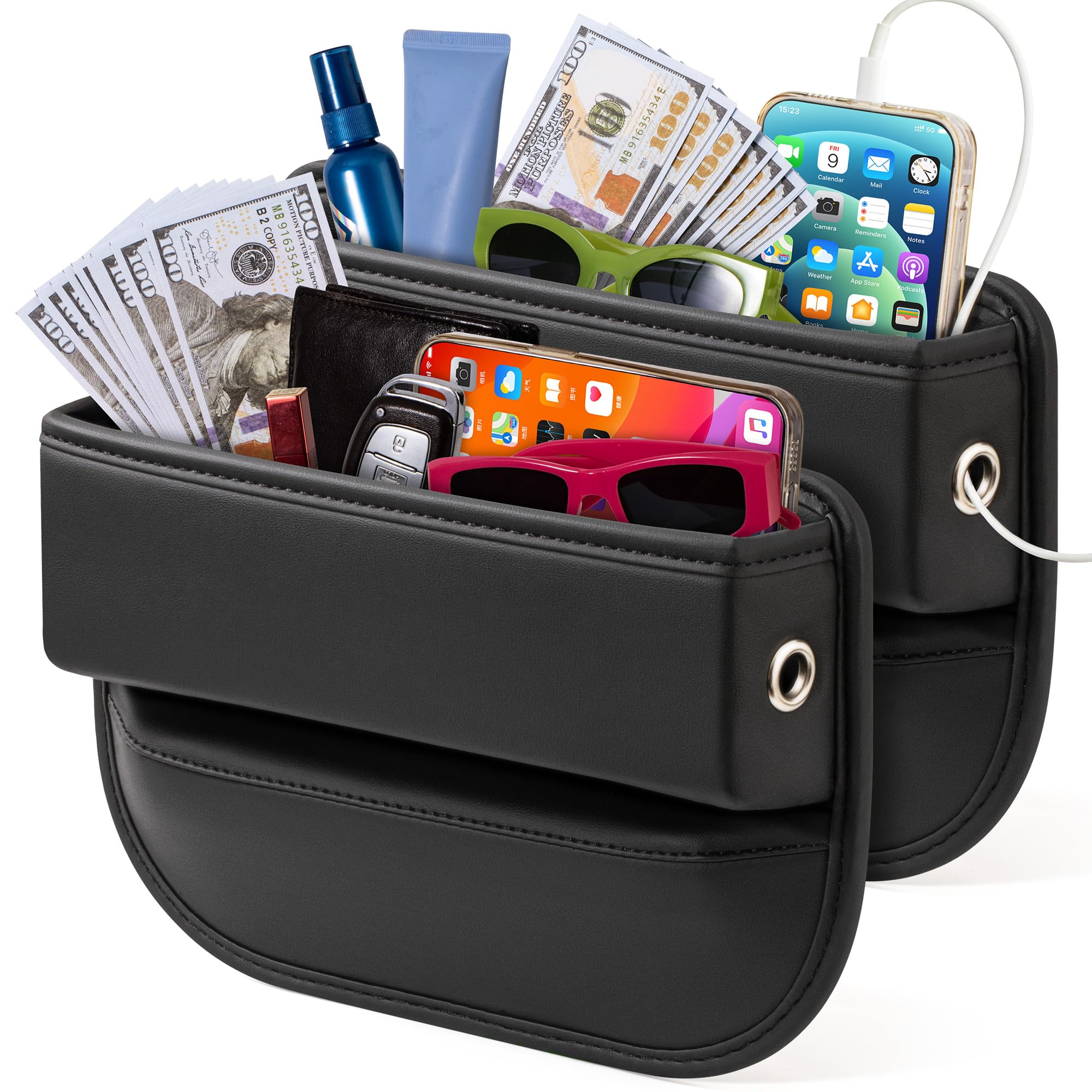 2 Pack Car Seat Gap Filler Organizer - Adjustable Automotive Storage Box for Phones, Glasses, Keys & Cards - Perfect for Road Trips, Commuting & Daily Car Organization