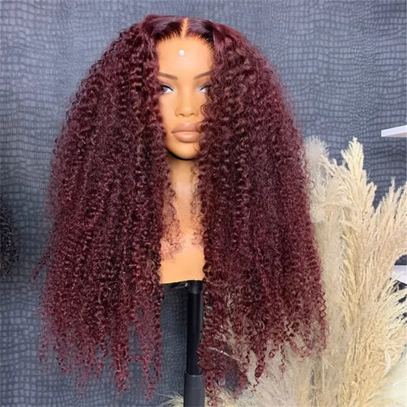 Eullair #99J Burgundy Kinky Curly Lace Frontal Wig - Glueless Human Hair Wig with Natural Hairline for African American Women | Perfect for Daily Wear, Parties & Special Occasions