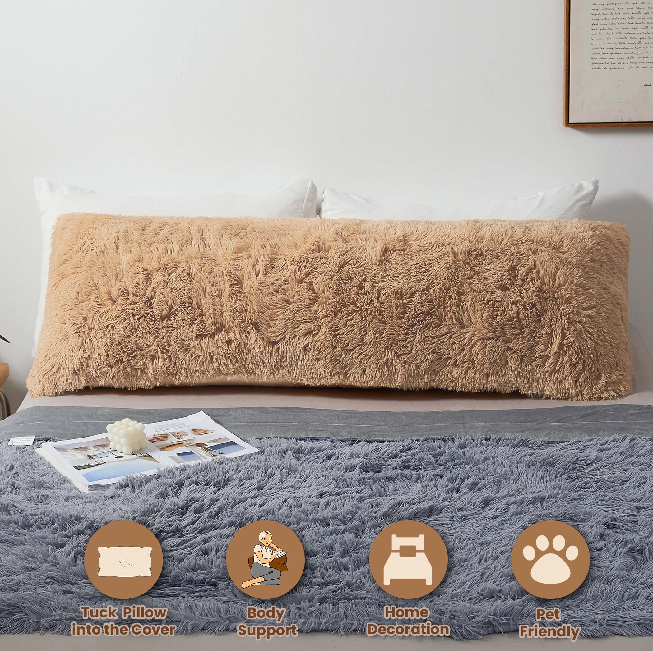 MEGO Shaggy Plush Body Pillow Cover - 20x54 Inch Camel Faux Fur Fluffy Pillowcase with Zipper | Soft Fuzzy Long Throw Pillow Sham for Bed, Couch & Living Room | Perfect for Cozy Home Decor, Movie Nights and Comfortable Sleep