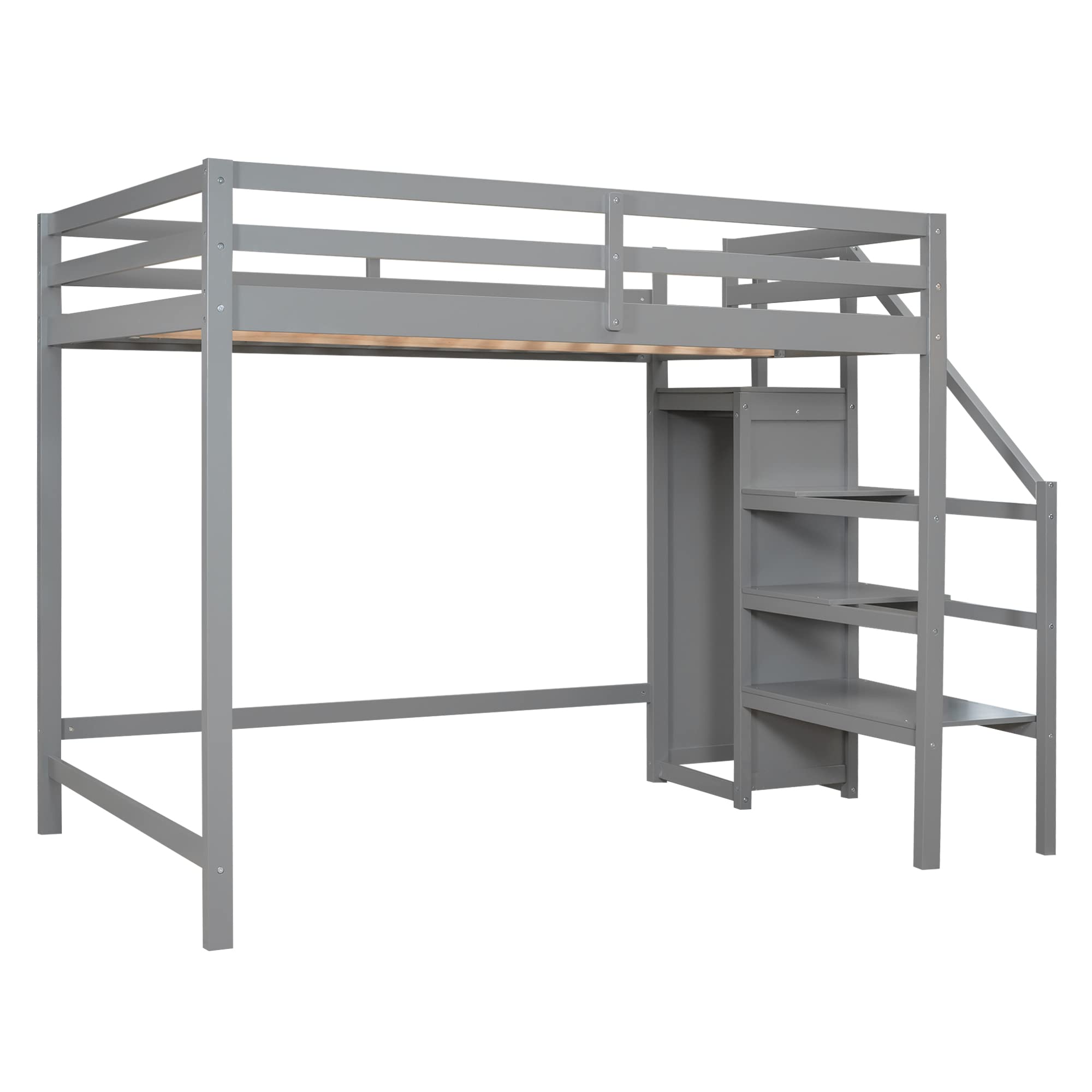 KLMM Full Size Loft Bed with Built-in Storage Wardrobe & Staircase - Modern Solid Wood Loft Bed Frame with Safety Guard Rail - No Box Spring Needed (Gray/Storage+F) - Perfect for Small Spaces, Dorms, Apartments & Kids' Rooms