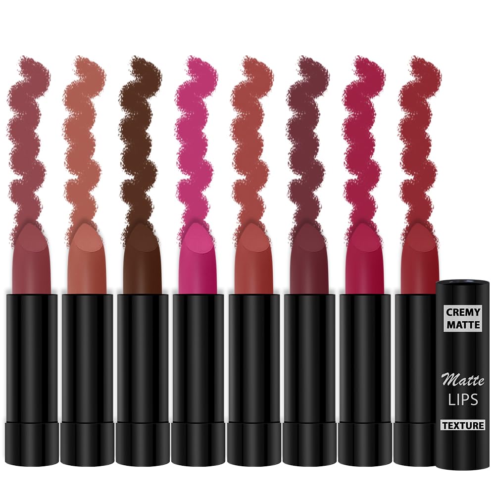 **Cremy Matte Lipstick Set with Jojoba Oil & Vitamin E - 8 Pack (3.5g Each) | Long-Lasting, Hydrating Lip Color | Gift Set for Women | Caramel, Cocoa Brown, Pink Berry & More | Perfect for Parties, Date Nights & Everyday Wear**