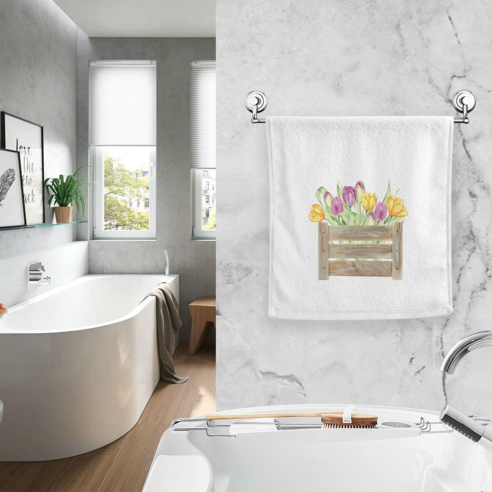 ALAZA Yellow Tulip Cotton Hand Towel Set of 2 - 16x30 Inch Soft & Absorbent Bath Towels for Hotel, Spa & Home Bathroom Decor - Perfect for Guest Rooms, Luxury Bathrooms & Gifting