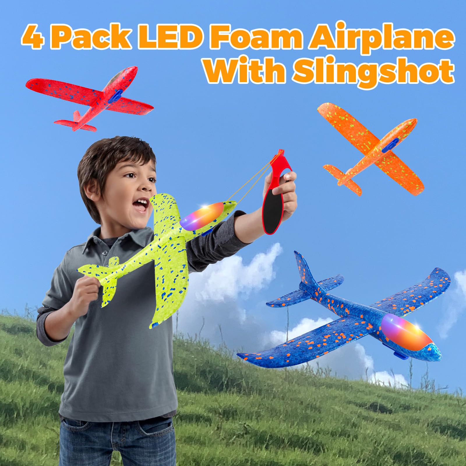 SpringFlower 4 Pack LED Foam Glider Airplanes - Outdoor Flying Toys for Kids Ages 3-8 with 2 Flight Modes | Easter Basket Stuffer & Birthday Gift for Boys & Girls | Fun Outdoor Play, Backyard Games & Summer Activities