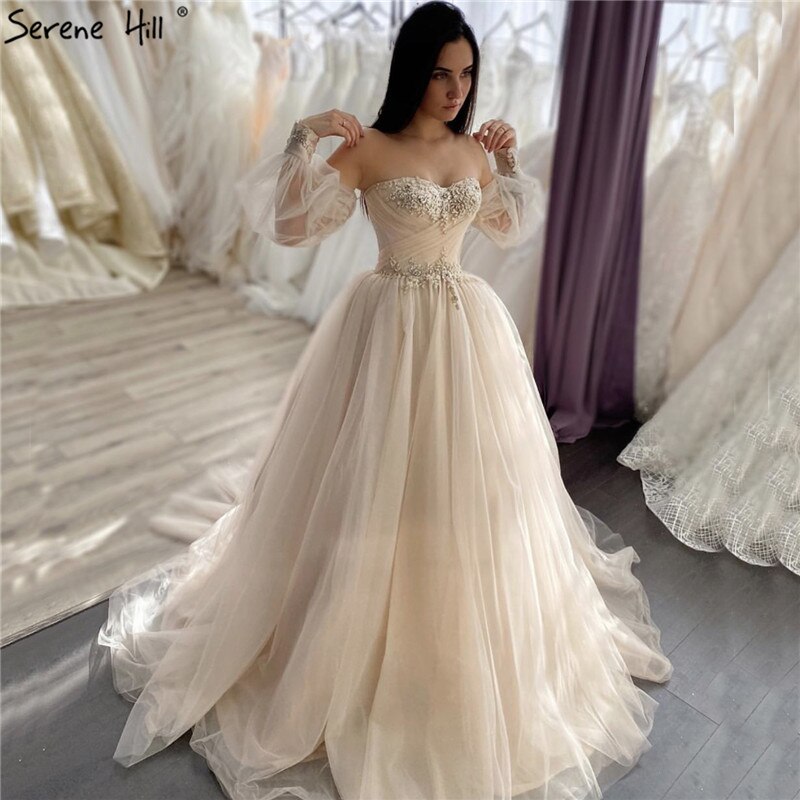Serene Hill Champagne Lantern Sleeve Sexy Wedding Dress 2025 with Beading - Custom Made Photography Bridal Gown HA2329 | Perfect for Beach Weddings, Vow Renewals & Romantic Photoshoots
