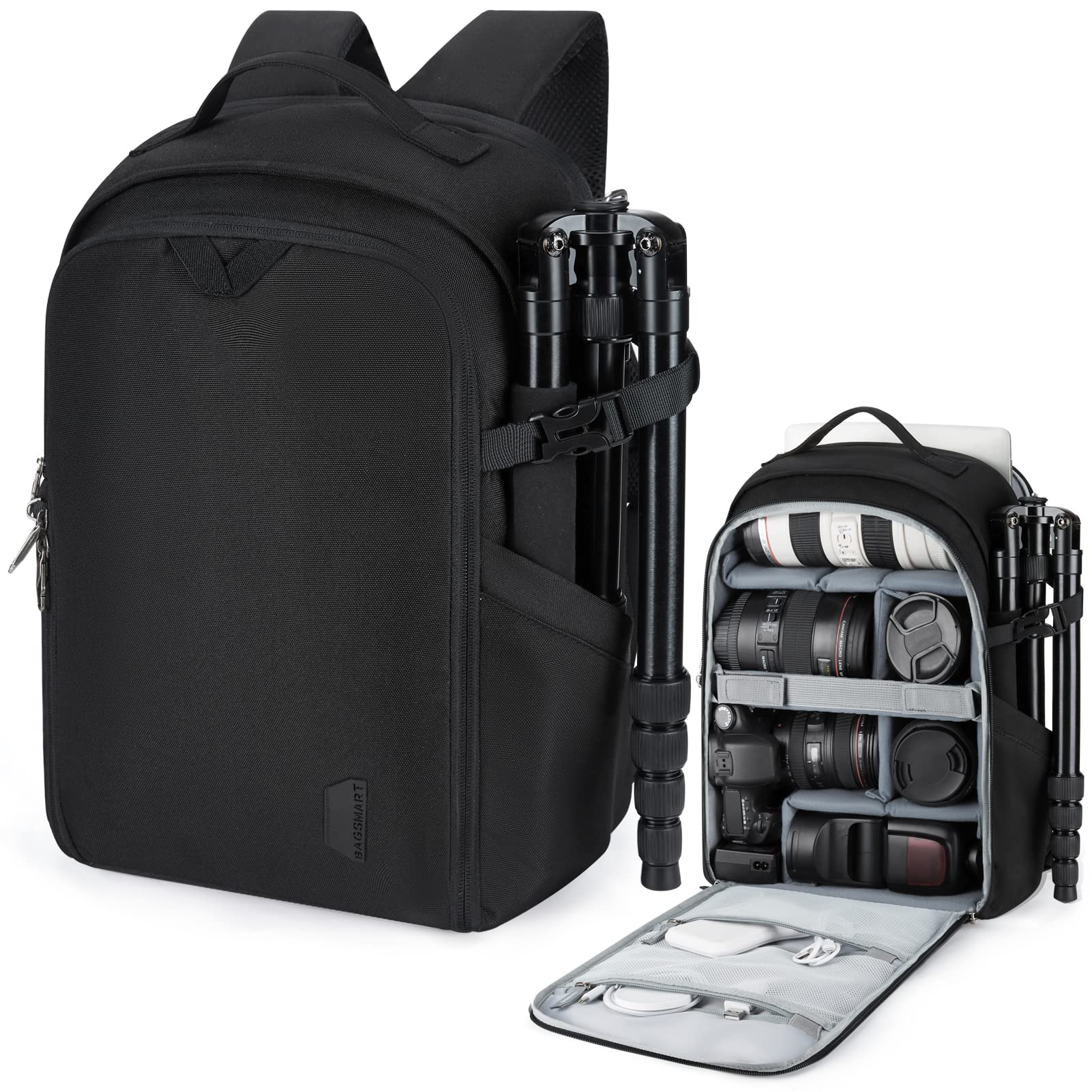 Bagsmart DSLR SLR Camera Backpack - Water Resistant with Rain Cover, Fits 15.6 Inch Laptop & Tripod Holder - Unisex Camera Bag for Photographers, Travel & Outdoor Shooting (Black)