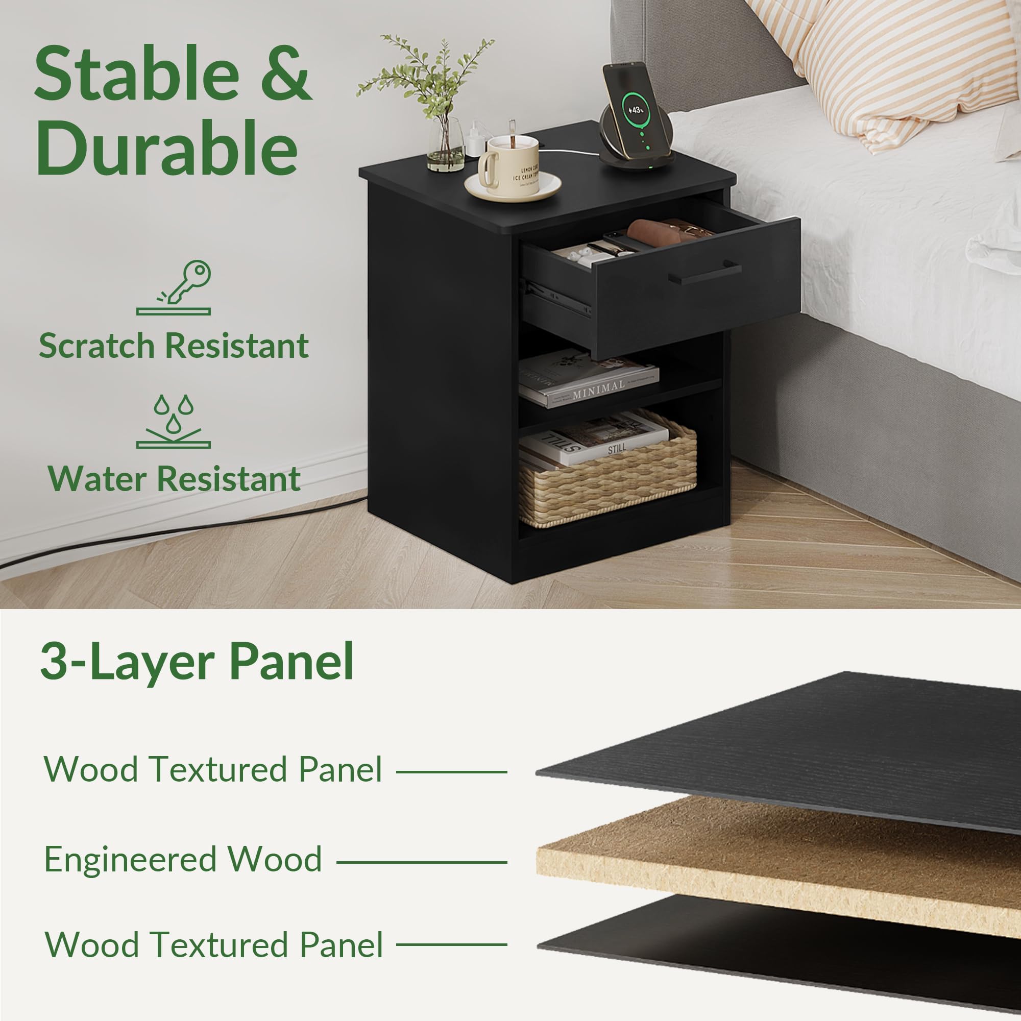 Fast Charging Wooden Side Table with USB-C Port - Black Nightstand with Drawer & Adjustable Shelf for Bedroom | Compact End Table for Phone Charging, Reading Lamp & Alarm Clock Placement (Set of 1)