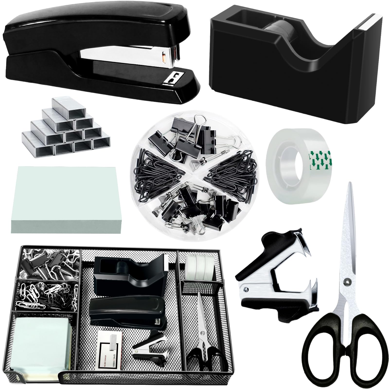 Premium Black Office Desk Accessories Set - 12-Piece Organizer Kit with Stapler, Tape Dispenser, Scissors, Sticky Notes & More - Perfect for Home Office, Workstation & School Supplies Organization
