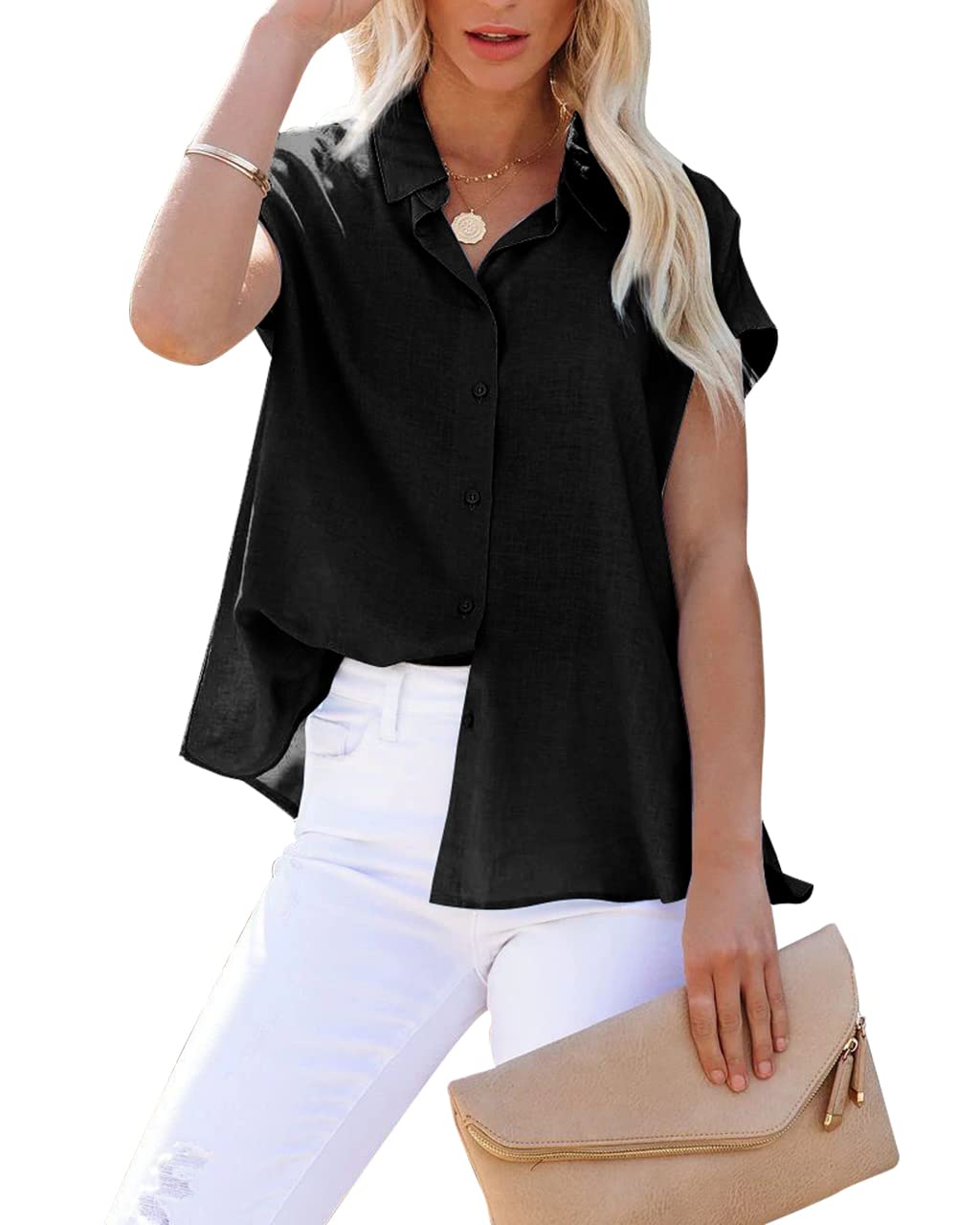 Pausus Women's Linen Button Down Shirt - Short Sleeve V Neck Office Blouse, Casual Business Top, Slim Fit Shirt for Work, Summer & Everyday Wear