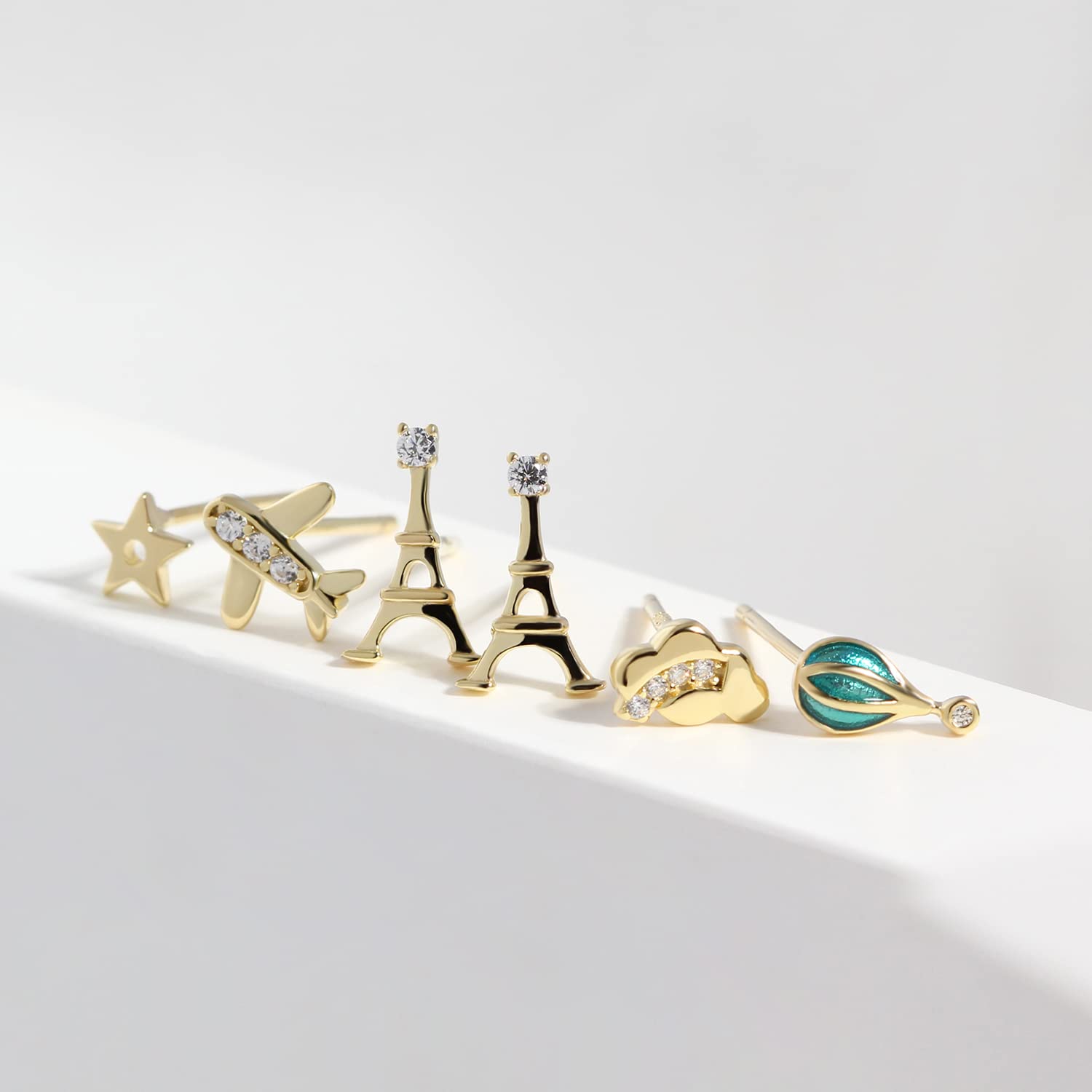 925 Sterling Silver/Rose Gold/Gold Eiffel Tower Hot Air Balloon Cloud Star Airplane Stud Earrings Set - Dainty Jewelry for Multiple Piercings | Perfect for Travel Lovers, Gift Giving & Everyday Wear