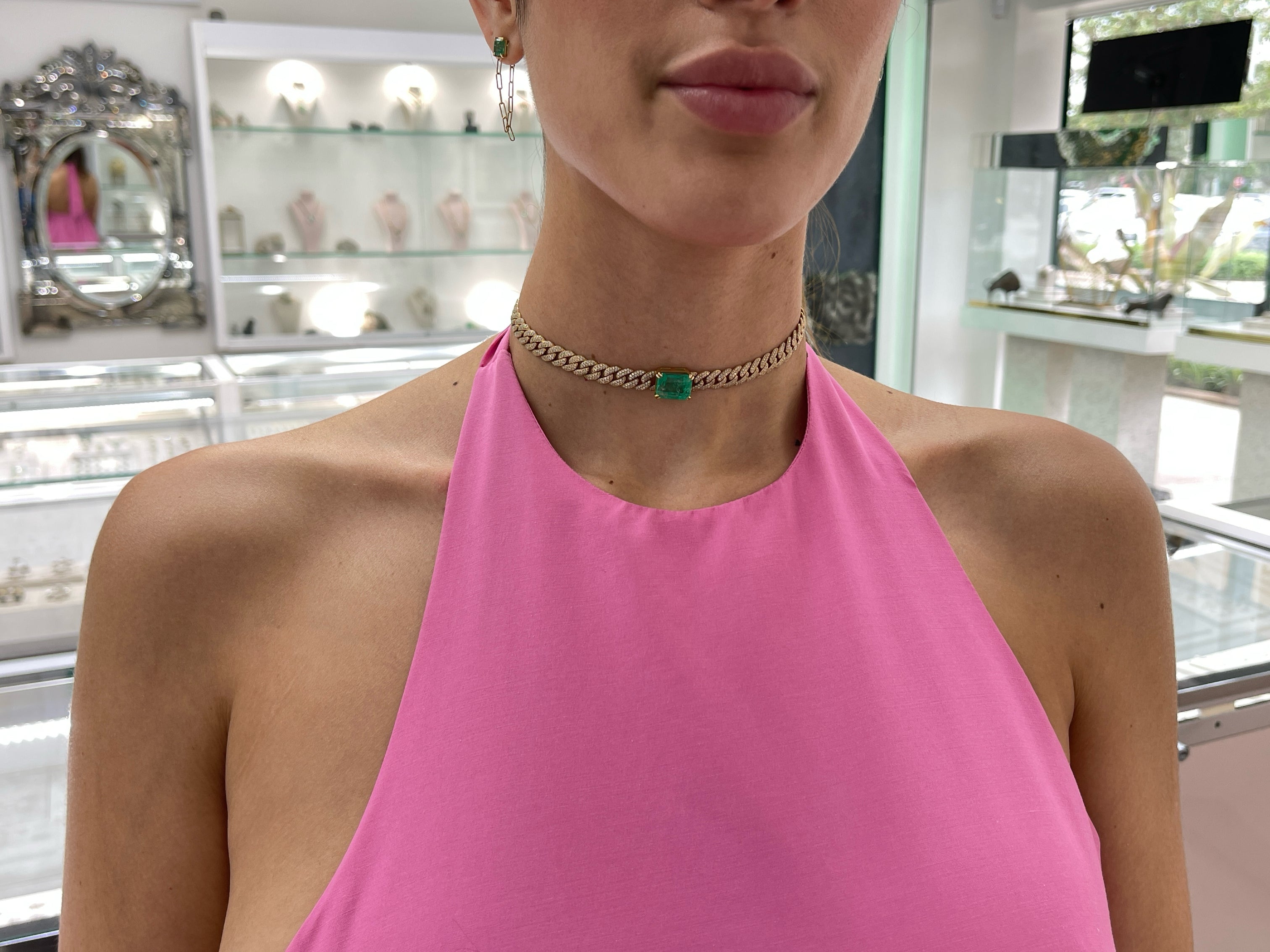 17.46tcw Colombian Emerald & Diamond Iced Out Choker Cuban Link Necklace in 18K Gold - Luxury Hip Hop Jewelry for Women, Perfect for Parties, Weddings & Special Occasions