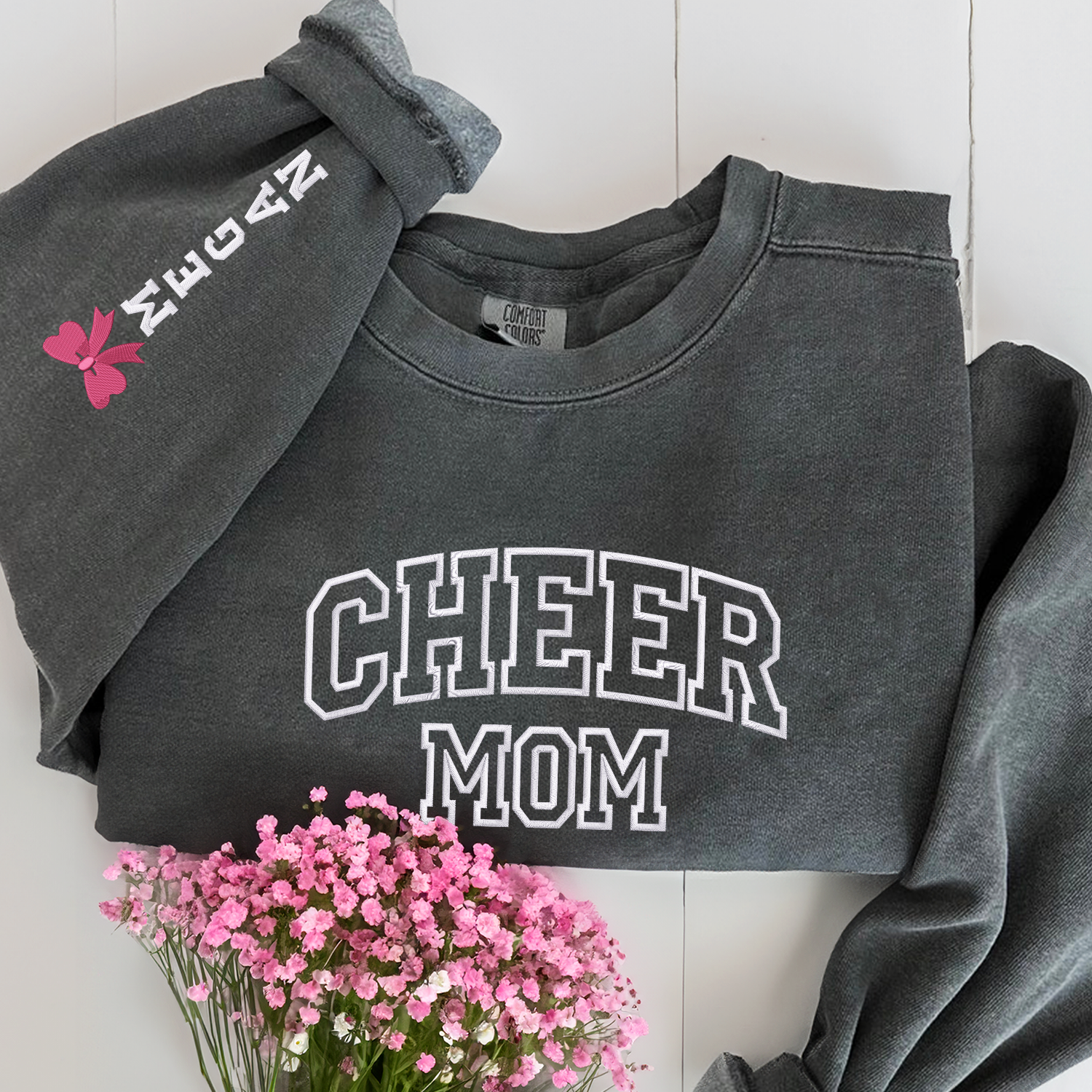 Custom Embroidered Cheer Mom Sweatshirt & Hoodie with Kids Names on Sleeve - Perfect for Sports Games, School Events & Family Photos