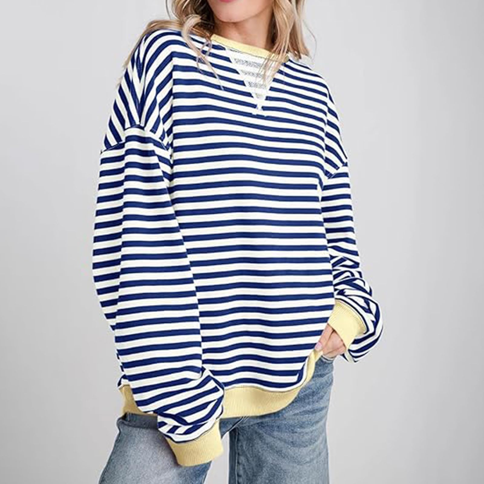 MRGIINRI Women's Striped Oversized Sweatshirt - Color Block Crewneck Long Sleeve Pullover Top | Y2K Fashion | Casual Loose Fit for Streetwear, Lounge & Everyday Outfits