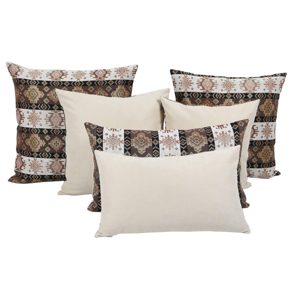 Decorative Kilim Throw Pillow Covers 20x20 Inches - Dark Green Khaki & Cream Boho Pillow Cases for Couch, Sofa, Bedroom - Farmhouse, Tribal, Aztec Style Home Decor - Perfect for Living Room, Patio & Outdoor Spaces