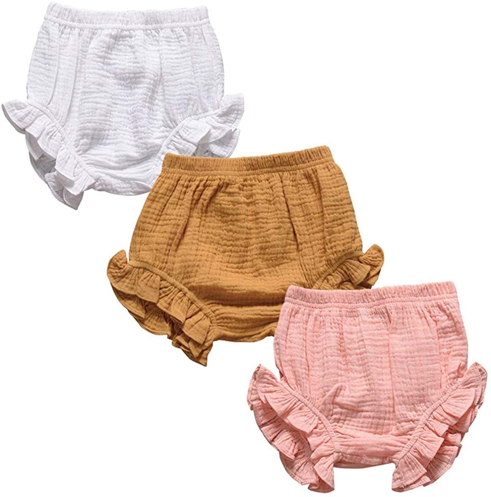 3PC Baby Shorts Set - Newborn Girls & Boys Linen Ruffle Bloomers with Floral Print | Soft Cotton Diaper Covers & PP Pants | Perfect for Summer Outfits, Photo Shoots & Playtime