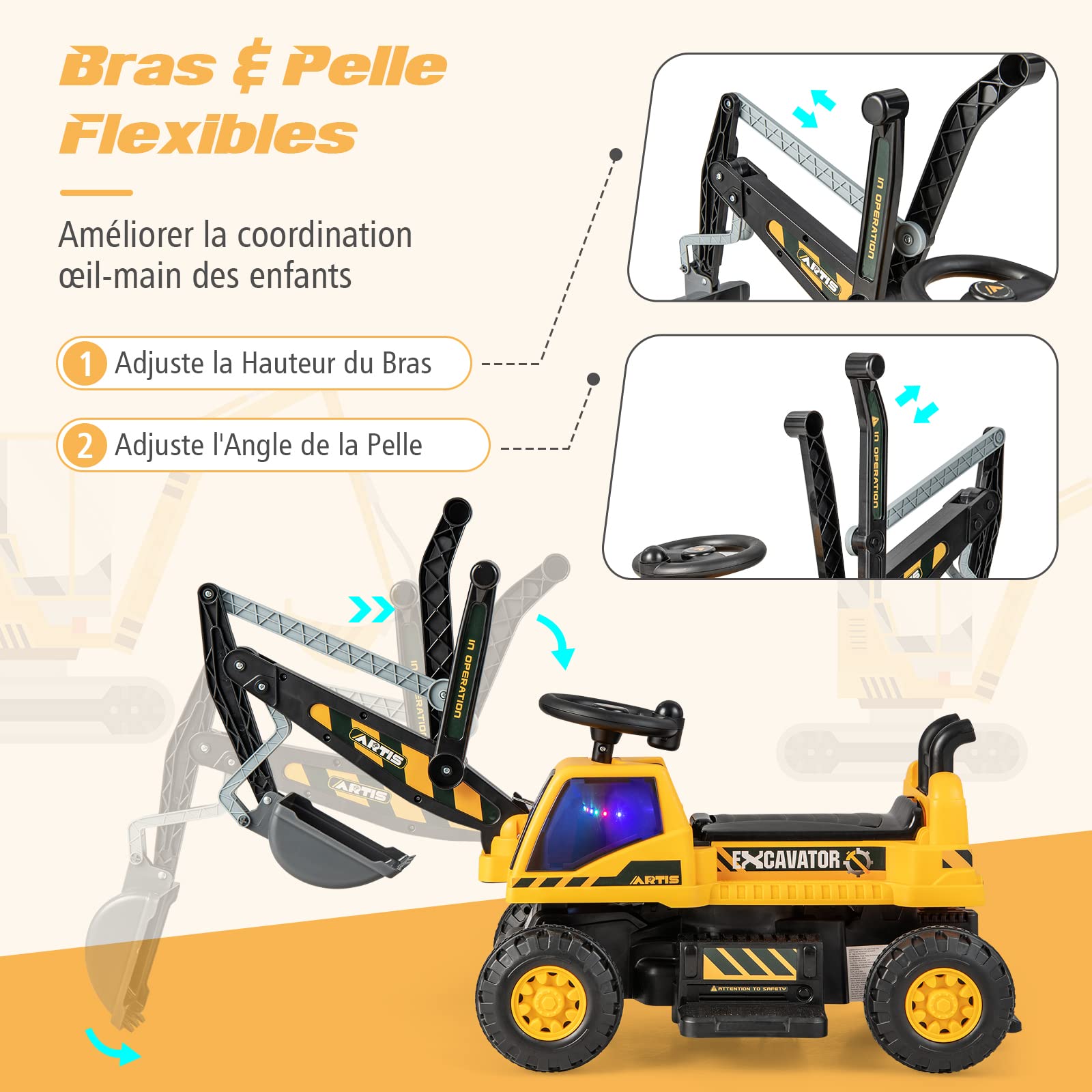 COSTWAY 6V Kids Ride-On Electric Backhoe Loader Toy with Rotating Seat, Shovel, LED Lights & Music | 25kg Capacity | Hidden Storage | Excavator Toy for Boys & Girls Ages 3+ (Yellow) | Perfect for Outdoor Play, Sandbox Fun & Construction Pretend Play
