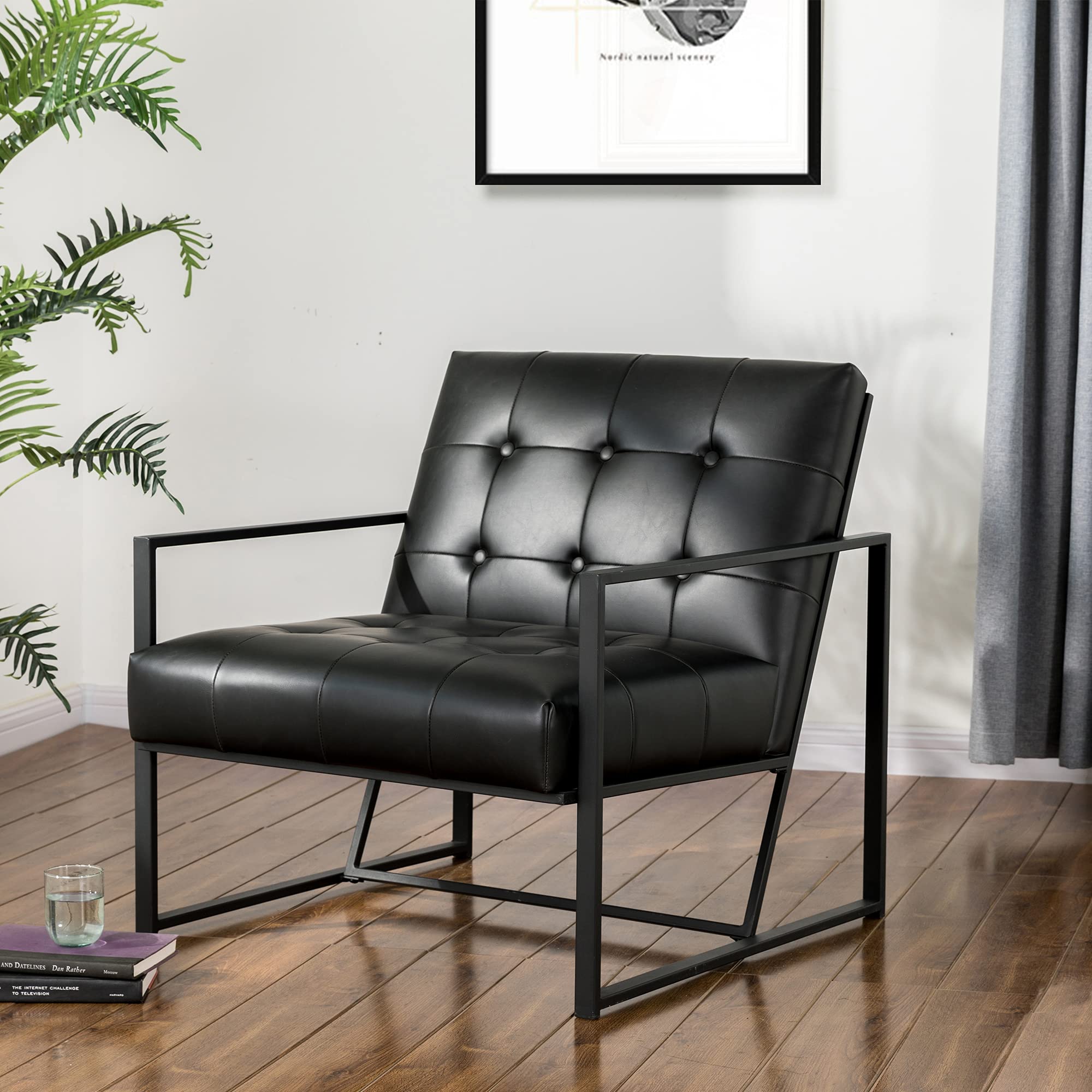 Glitzhome Mid Century Modern Accent Armchair - Black PU Leather Tufted Reading Chair with Sturdy Metal Frame | Perfect for Living Room, Study, Office & Lounge Areas