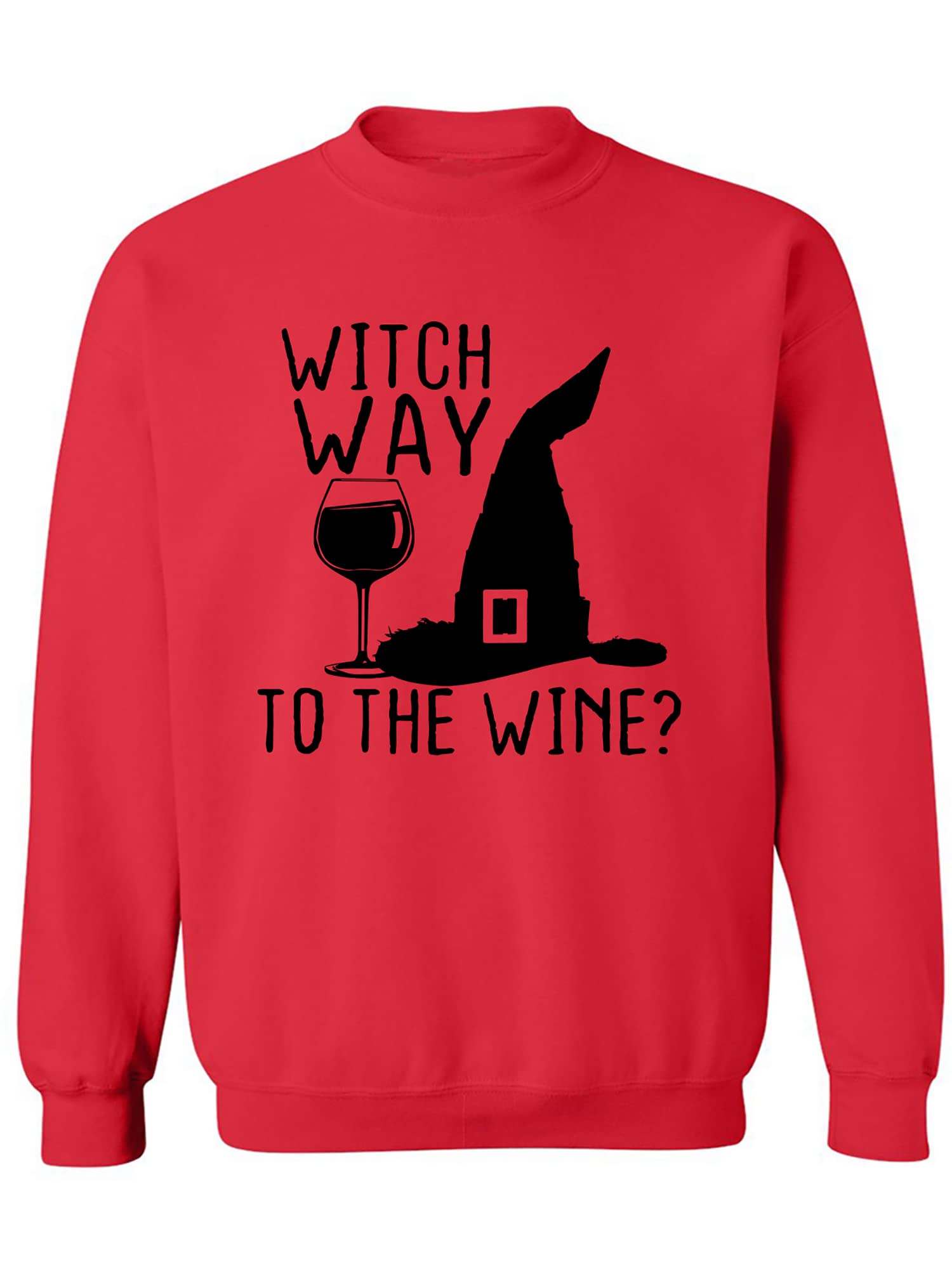Zerogravitee Witch Way To The Wine? Halloween Graphic Crewneck Sweatshirt - Cozy Fall Outfit for Women, Witch-Themed Party Apparel, Funny Wine Lover Gift