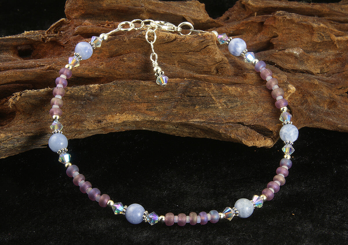 Natural Crystal Blue Lace Agate Gemstone Anklet Bracelet - Handmade Adjustable Beaded Ankle Jewelry for Women, Boho Chic Accessories for Beach, Yoga & Summer Outfits