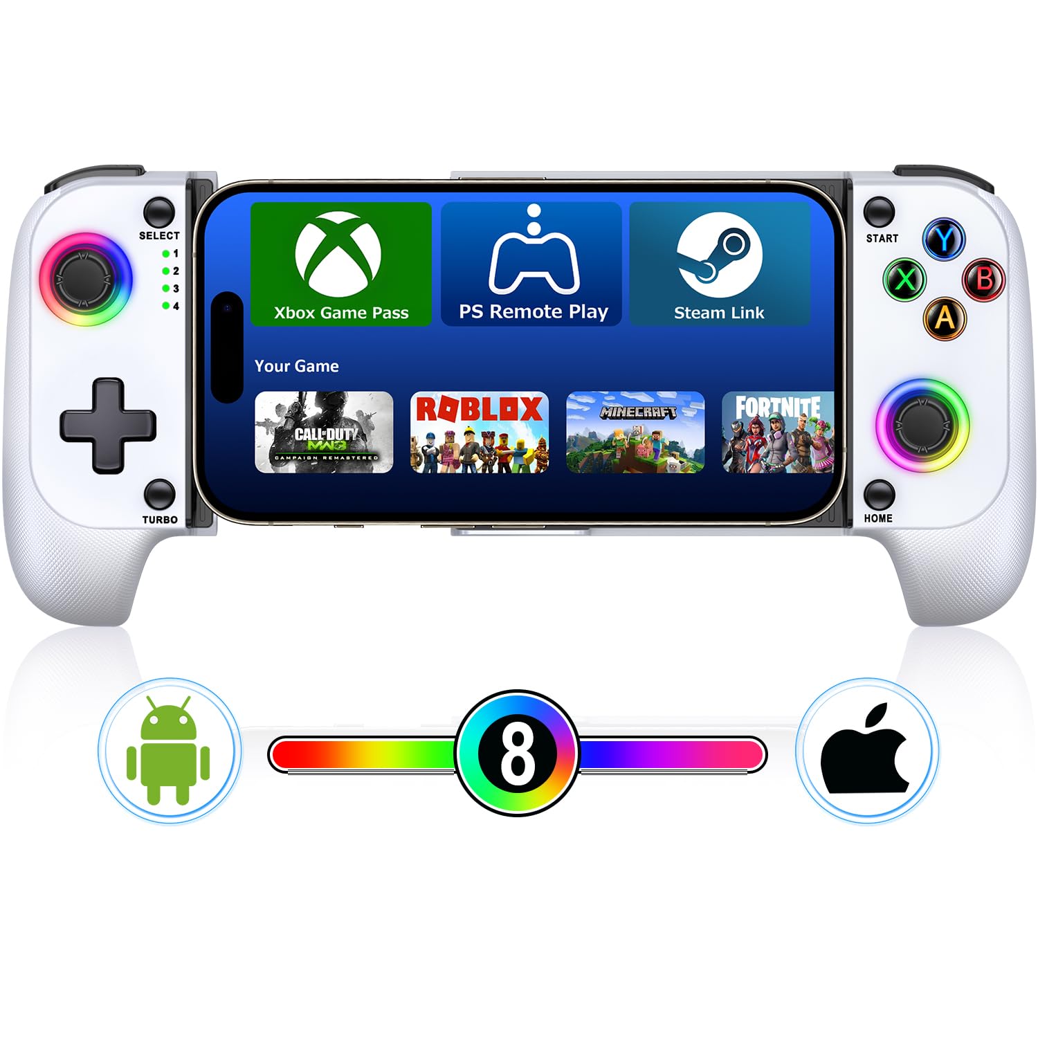 Mocagen Mobile Gaming Controller for iPhone & Android - RGB Lighting, Hall Effect Joysticks, Bluetooth Gamepad with Phone Case - Perfect for Fortnite, Call of Duty & Mobile Gaming On The Go