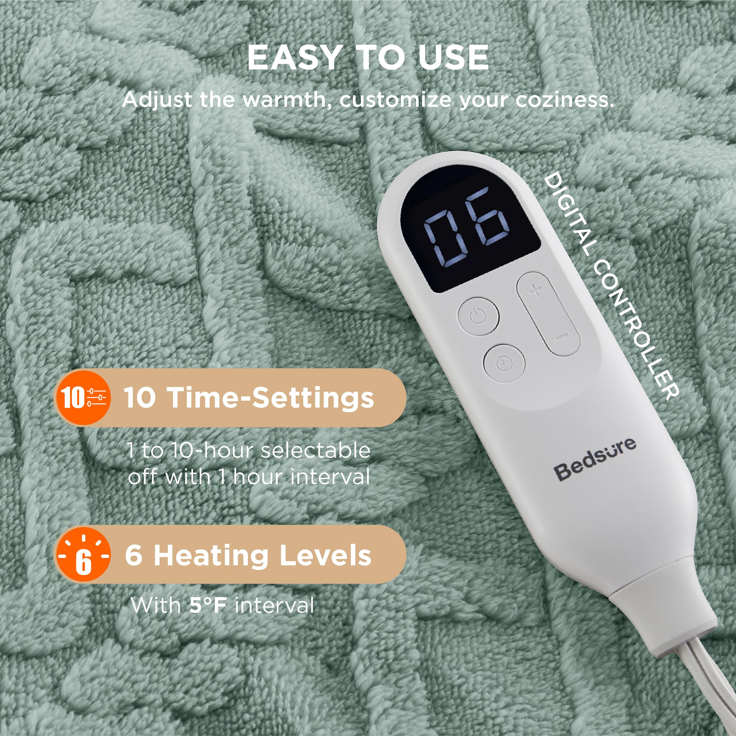 Bedsure Full Size Electric Heated Blanket - 72x84 Inch Jacquard Sherpa Heating Blanket with 6 Heat Levels & 10 Timer Settings, Ultra Soft Fluffy Warm Blanket for Winter (Sage Green) - Perfect for Bed, Couch & Home Office Use