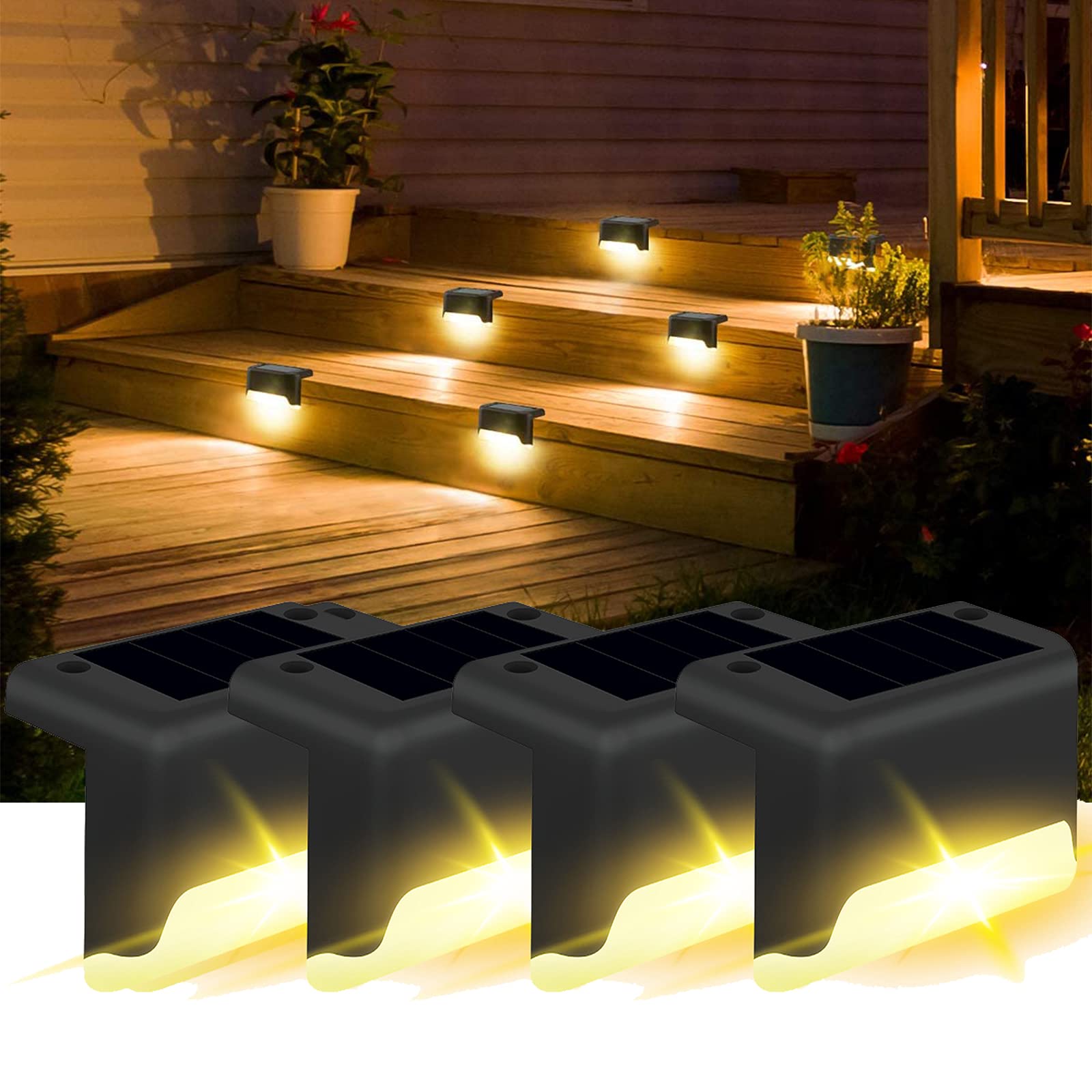 **4 Pack Solar Deck Lights Outdoor - IP65 Waterproof LED Solar Step Lights for Stairs, Fence, Railing, Yard, Patio & Pathway - Warm White - Perfect for Nighttime Safety & Ambiance**