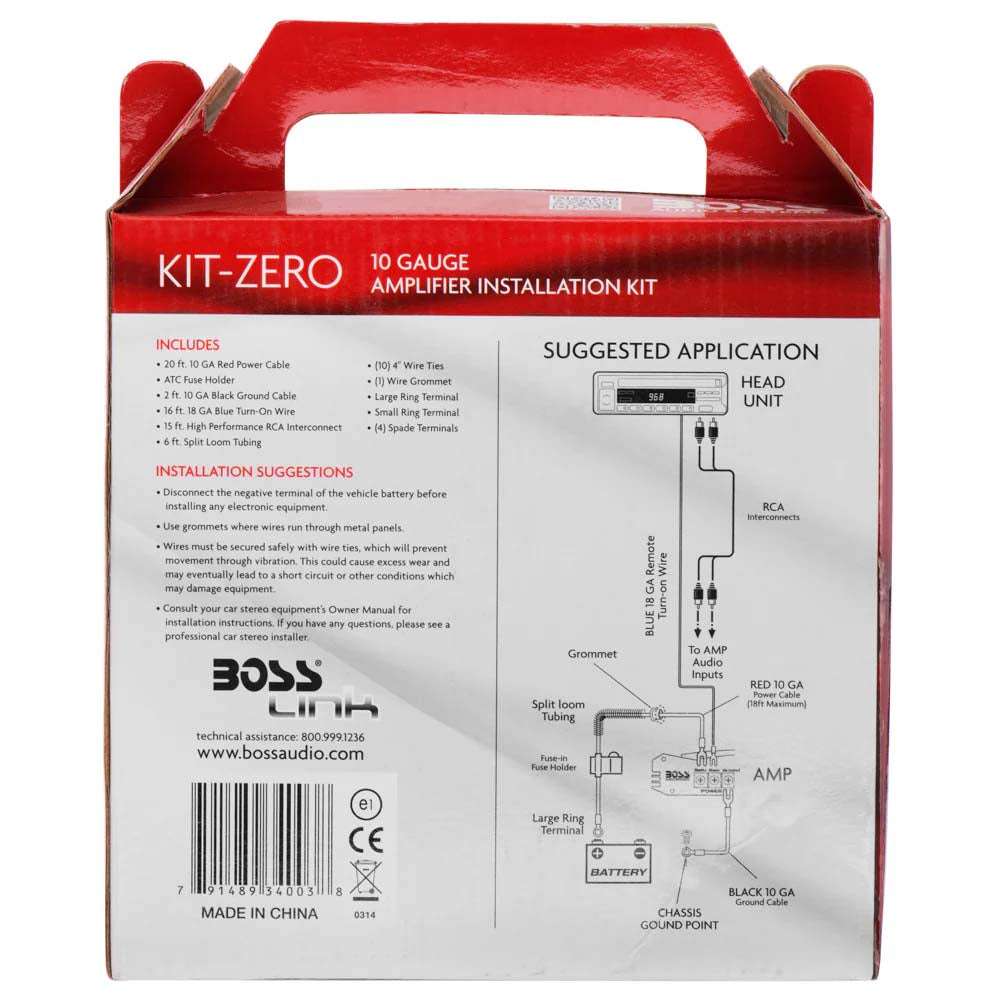 Boss Audio KITZERO 10 Gauge Amplifier Wiring Kit - Complete Car Audio Power & Ground Wire Installation Set for Amplifiers, Subwoofers, and Stereo Systems - Perfect for DIY Car Audio Upgrades & Professional Installations