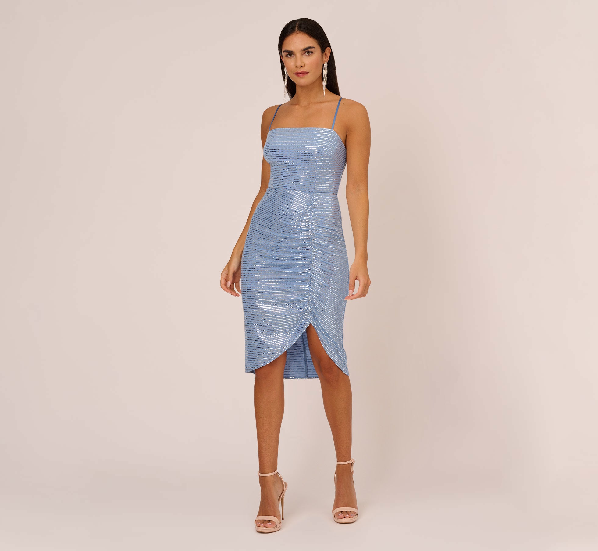 Sequin Knit Cocktail Dress with Ruched Details in Air Force Blue - Perfect for Evening Parties, Date Nights & Special Occasions