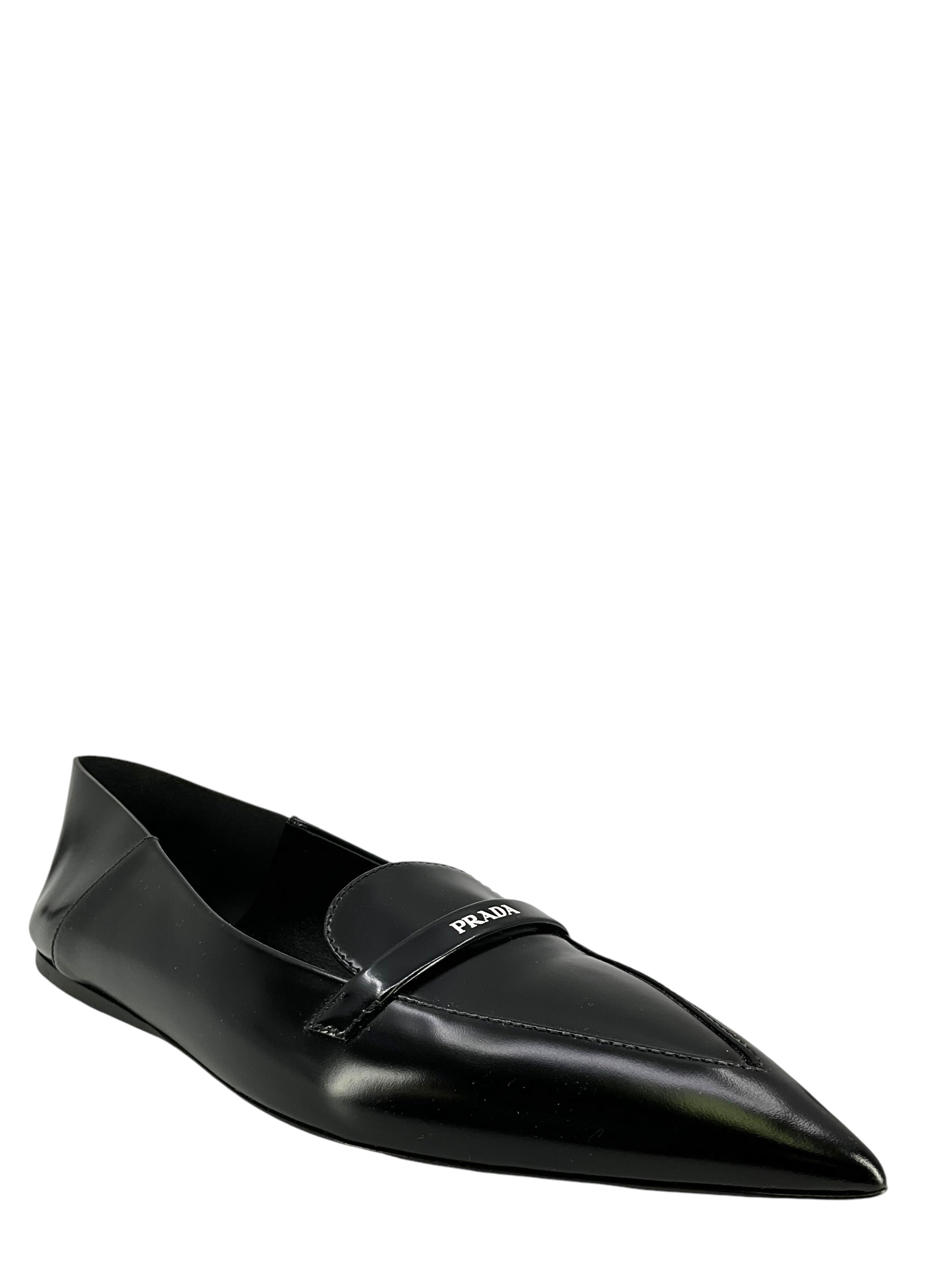 PRADA Leather Point Toe Logo Flats Women's Size 9.5 - Classic Luxury Ballet Flats for Office, Party & Everyday Wear