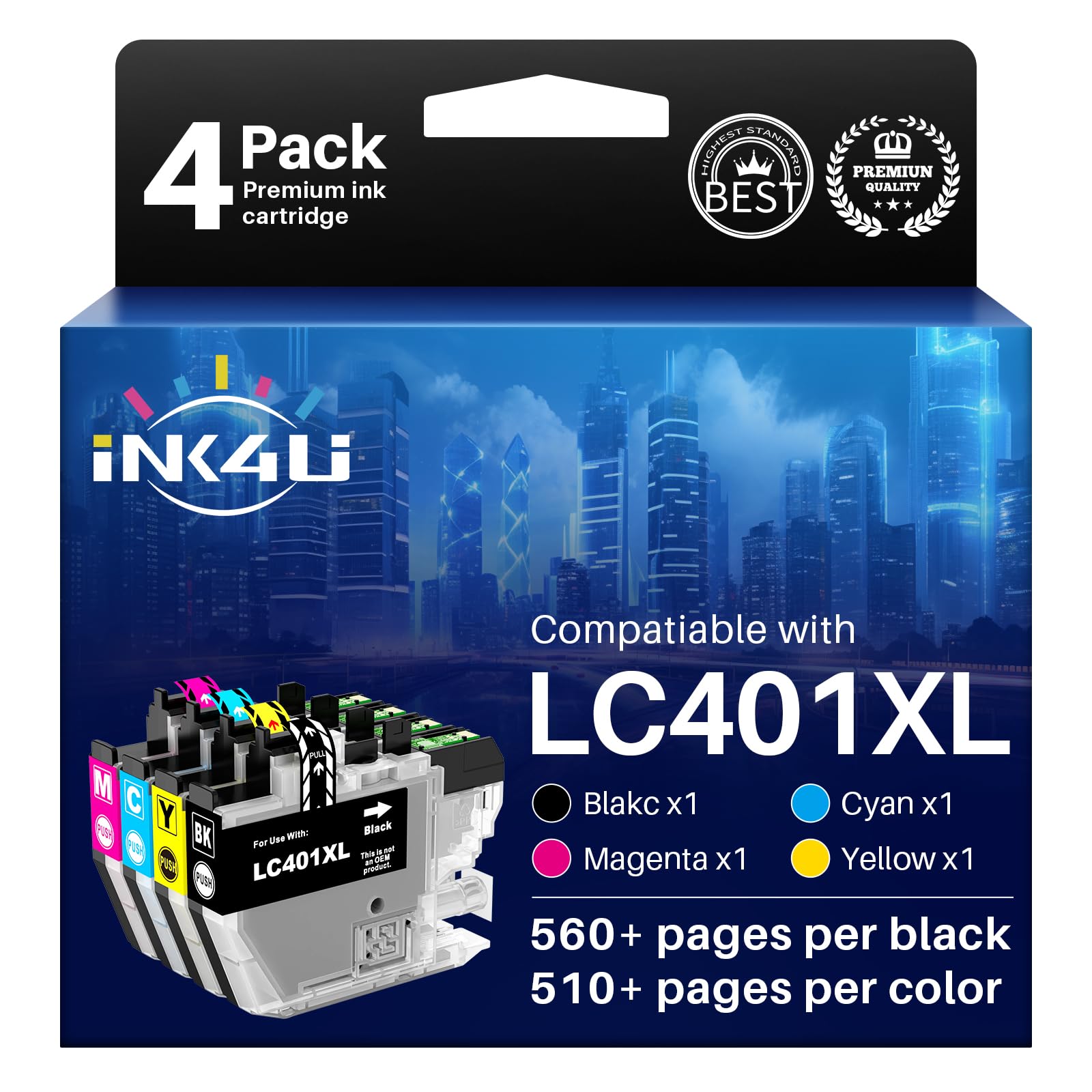Brother LC401XL Ink Cartridges 4-Pack - High Yield Compatible Replacement for MFC-J1010DW, J1012DW, J1170DW Printers - Home & Office Use